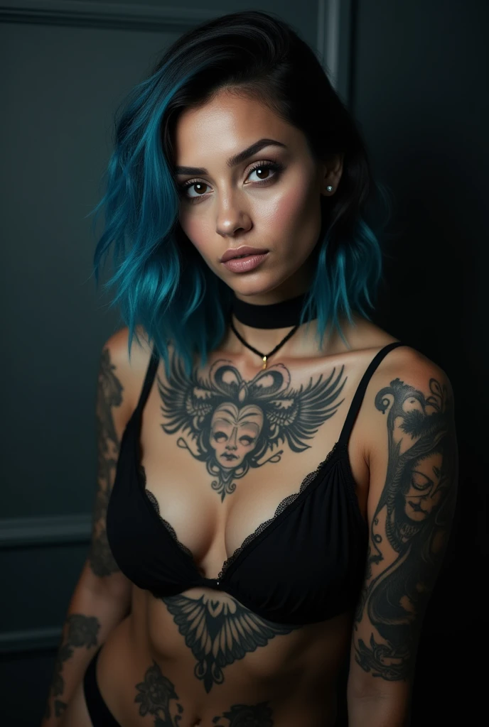 photo of a beautiful woman (Brie Larson:Amber Heard:0.4), sexy, large breasts, punk, black hair, one side of her head is shaved, lingerie, hips, sensual, shiny skin, oily skin, tattoos, close up, face focus, detailed face, lips, choker, jewelry, [(colorful explosion psychedelic paint colors:1.21)::0.2], bedroom, masterpiece, best quality, rainbow colors, colorful, high contrast, seductive smile