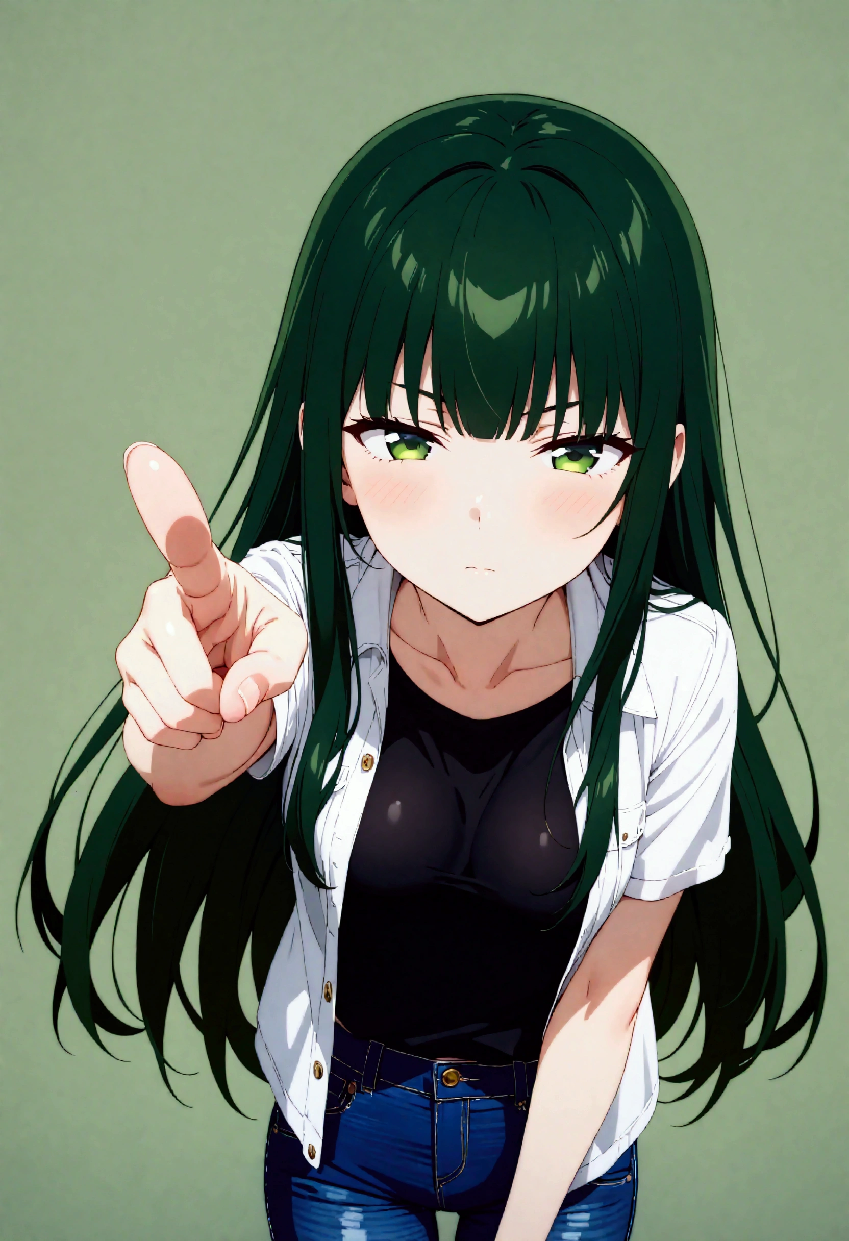 (masterpiece),(simple dark green background:1.1),half-closed eyes,from above,(頬を膨らます:1.2),rage:0.6,closed mouth,(finger point for viewer:0.9),cowboy shot,(solo lady),(20-year-old),(shiny dark green hair),(dark green eyes),(straight long hair),[breast:0.6],(casual jacket),Tshirt,denim pants,