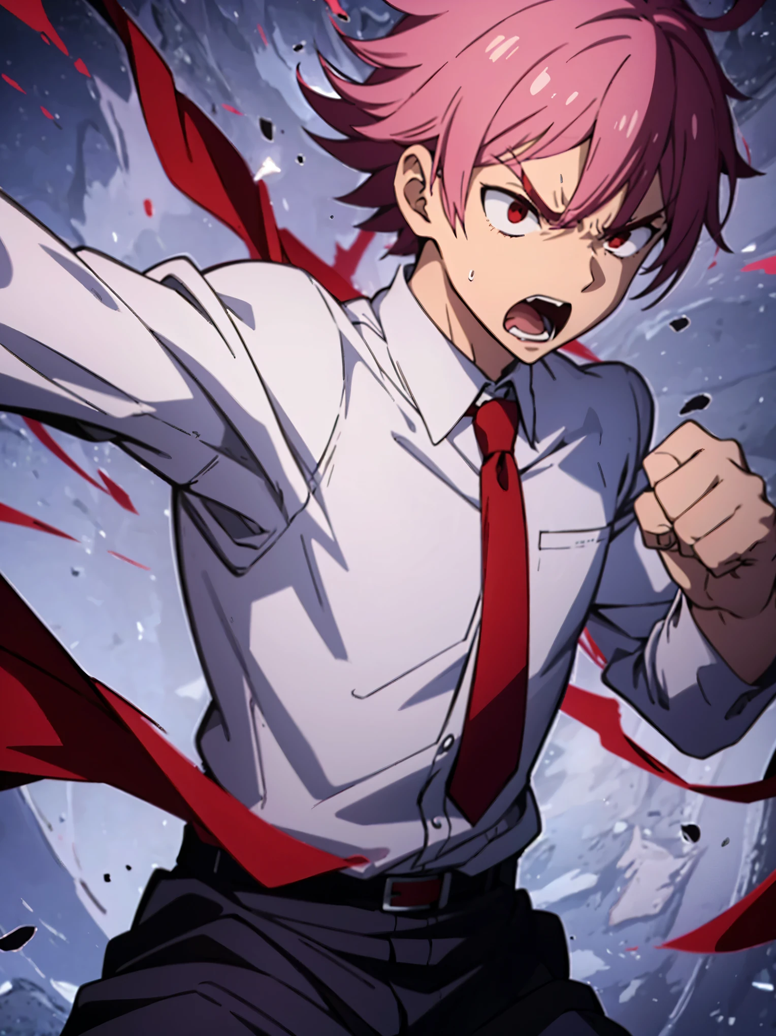 Anime boy wearing white shirt red tie, angry, pissed, yelling, punching, punch scene, action, fist, approaching to us, looking at us, punching , full sleeves