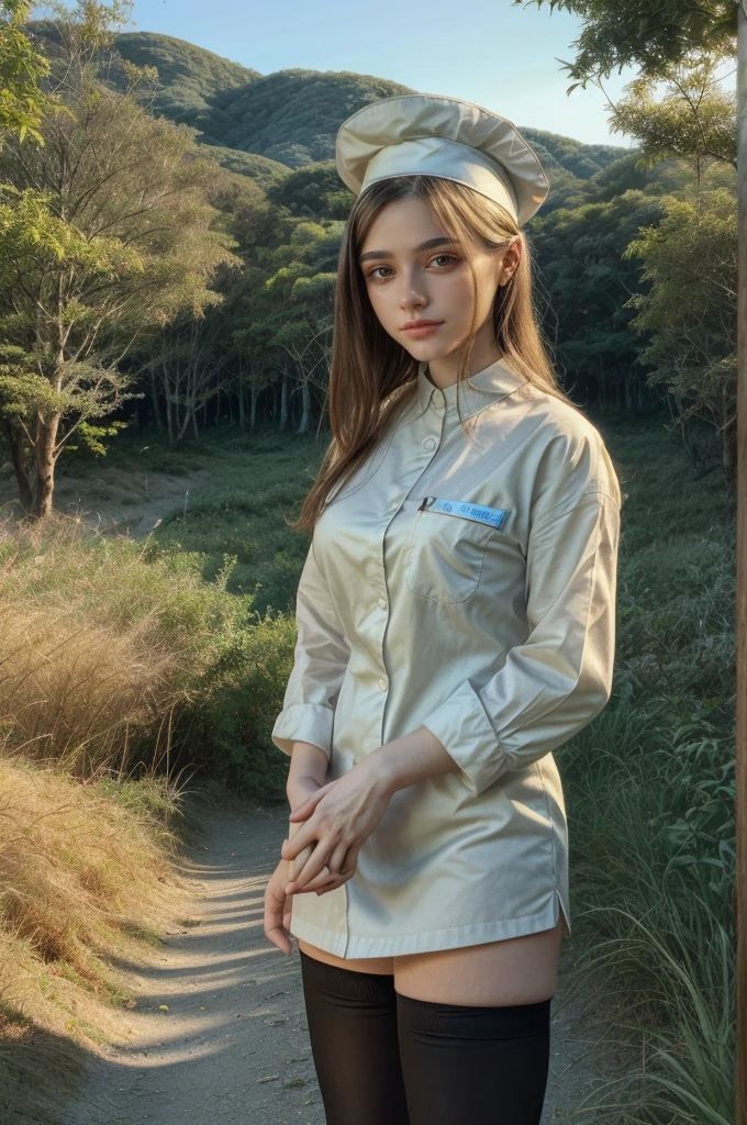 1 girl, best quality, ((Miyo)), tarankaaa, perfect face, beautiful smile, 30 years old, ((nurse attire, nurse cap, thighhighs, gold blonde hair)), ((perfectly drawn hands)), perfect body, bare tree, bush, forest, grass, nature, outdoors, plant, scenery, solo, standing, tree, 32k photograph, ((perfect eyes, detailed eyes,realistic eyes)), ((sharp face, detailed face, realistic face, natural skin, realistic skin, detailed skin, pores)), full body, tone mapping, asian-european, ((masterpiece)), ((highres)), ((detailed background)), japanese village background, midday, big proportions,