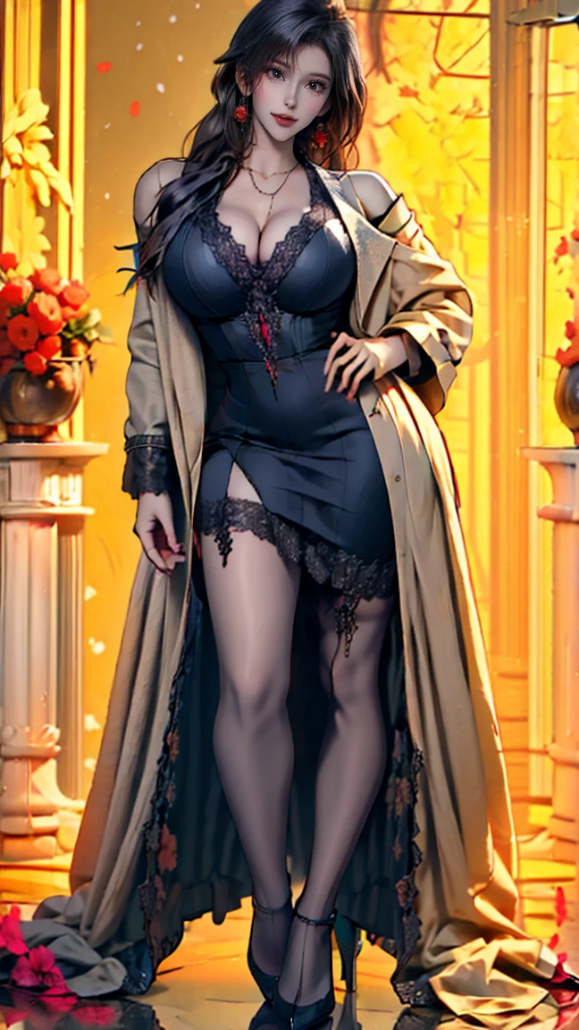 a beautiful lady, masterpiece, best quality, intricate lace, lace dress, serene expression, full body portrait, extremely detailed, Not bright colors, lace clothes, elegant, lady, night, Sexy Bathrobe, Older woman, lace robe, night