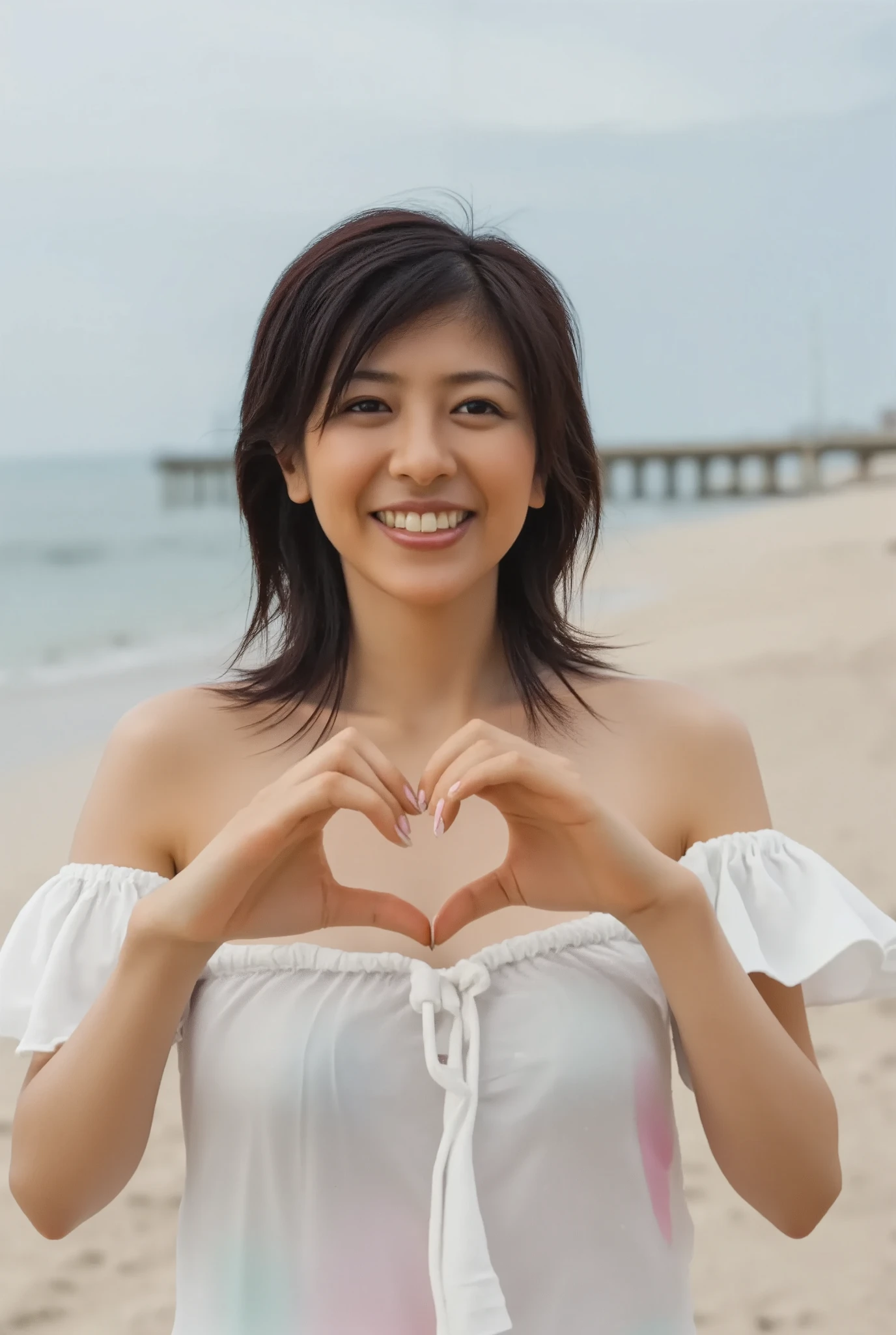 A smiling woman poses alone wearing off-the-shoulder pajamas in pastel colors that convey warmth simply by touching them softly and softly, making a firm, large heart shape with both hands, and holding them in front of her chest, View above collarbone、The background is a monotone 、
