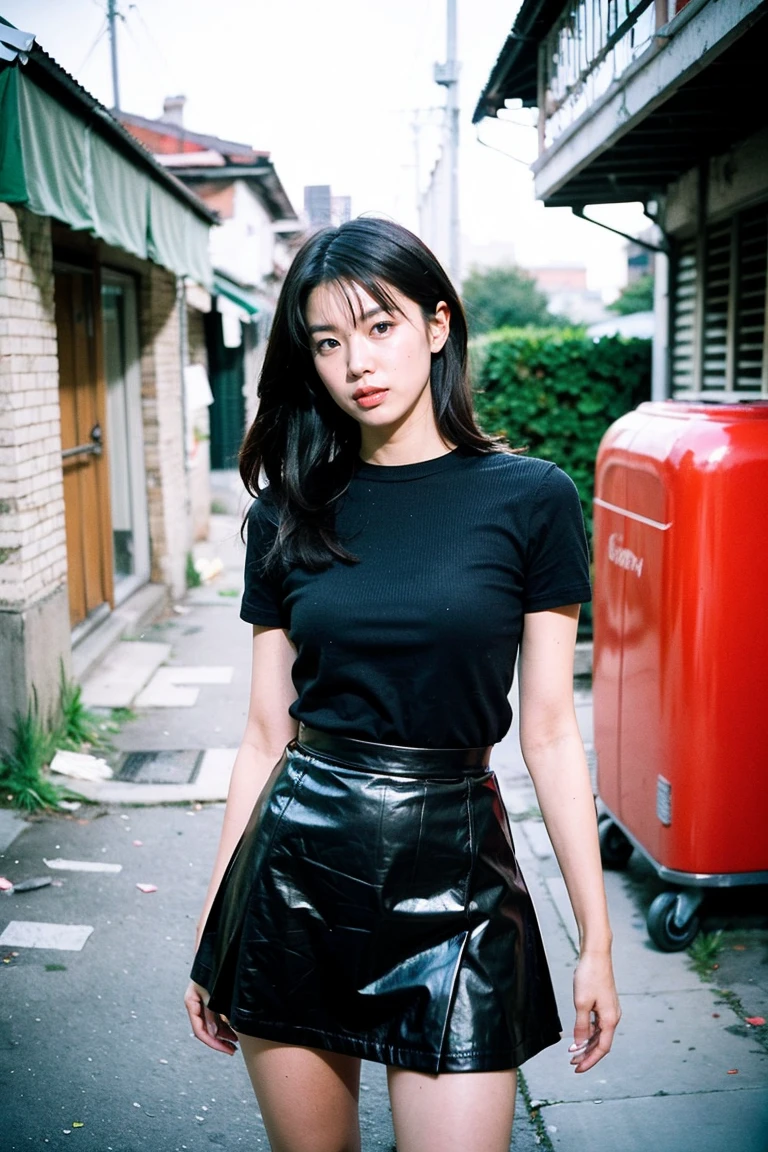 Girl with black hair, brown eyes and dark skin, using a black dress, and a happy face