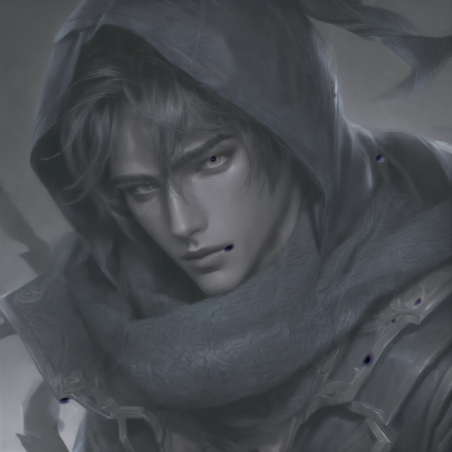 talon (league of legends), masterpiece, best quality, realistic, 1man, young male, quiet and charming young man, 20 years old, close his eyes, serious, closed mouth, extremely detailed face, cold, ((dark eyes)),straight layered bangs hair ((hair medium)), [thick eyebrows], ((blue clothes)), accurate, detailed, capuz na cabeça, hood
