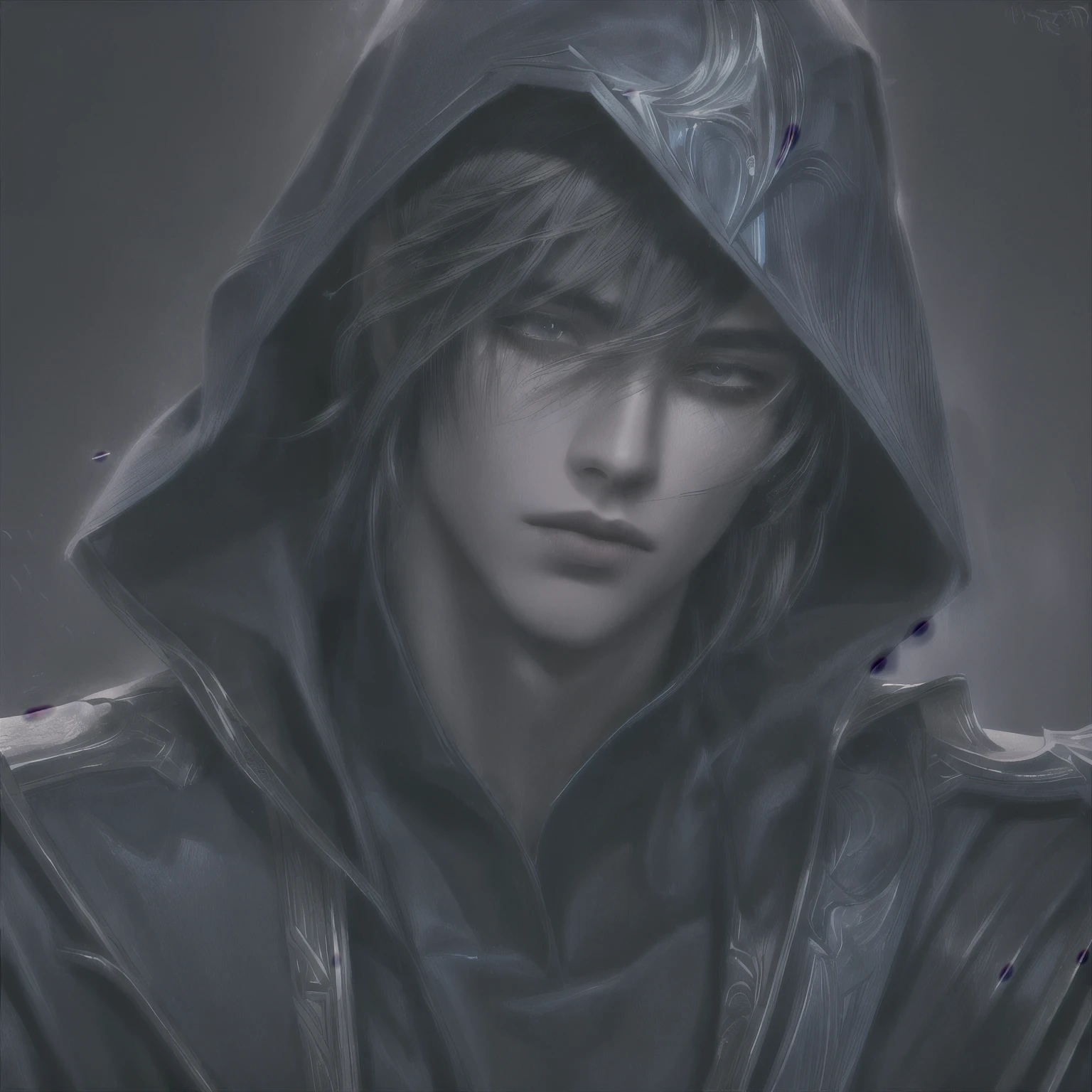 talon (league of legends), masterpiece, best quality, realistic, 1man, young male, quiet and charming young man, 20 years old, close his eyes, serious, closed mouth, extremely detailed face, cold, ((dark eyes)),straight layered bangs hair ((hair medium)), [thick eyebrows], ((blue clothes)), accurate, detailed, capuz na cabeça, hood, metallic detail on the clothes