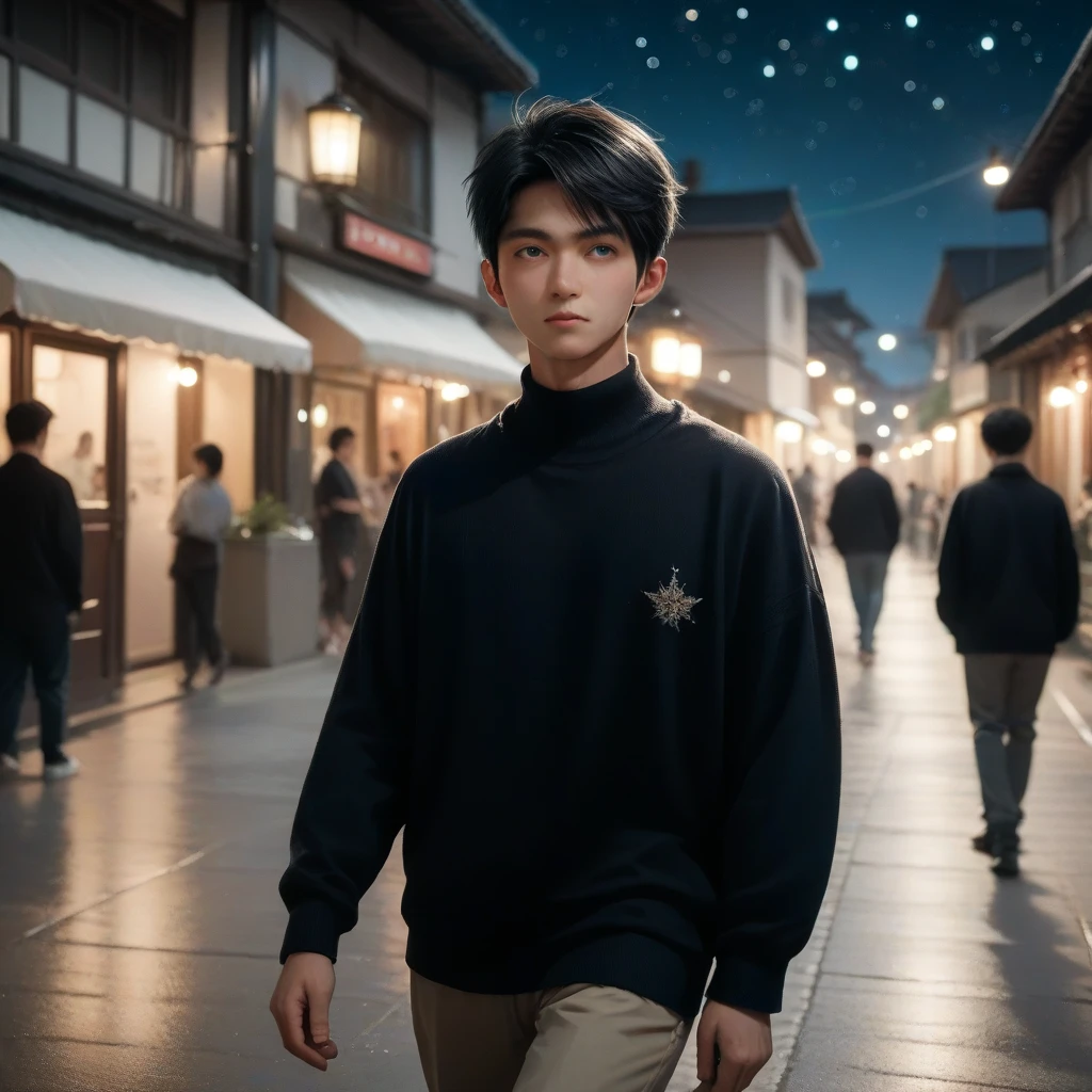 Under the starry sky(( walking )),Black-haired boy,dark blue eyes,Age 19, Japanese,Nagi XL,black knit,slim, blush,best quality, Dim lighting　portrait,( Realistic)8k shot from the side