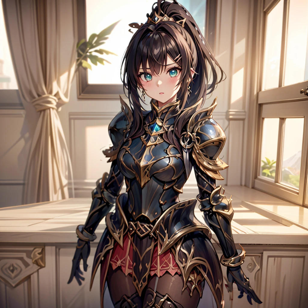 1masterpiece, perfectly detailed, 8k quality, full body, standing, anime style. 1girl, mature woman, solo, knight woman, armored leotard, pelvic curtain leotard, exagerated hips bones. Long brown hair, hime cut, golden eyes, mischievous smile, fangs, sharp teeth, mischievous look. White background.