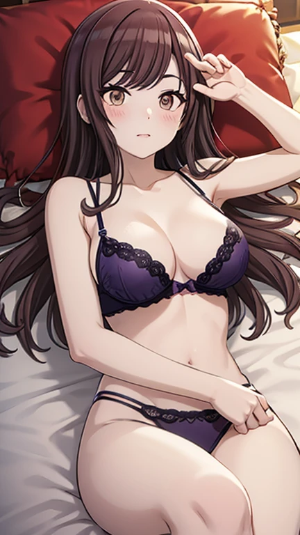 masterpiece, best quality, 1 solo girl, brown hair, green eyes, long hair, medium breasts, mature body and face, wavy hair, white bra, white panty, bed, jewellry, pendant, earring, night sky, cowboy shots, detailed body, face, and eyes, sharp focus, vibrant, creative, dynamic, high definition, high resolution, 8k, (Upscale: R-ESRGAN 4x+ Anime6mage enchance:4x), voluptuous body, lying at the bed