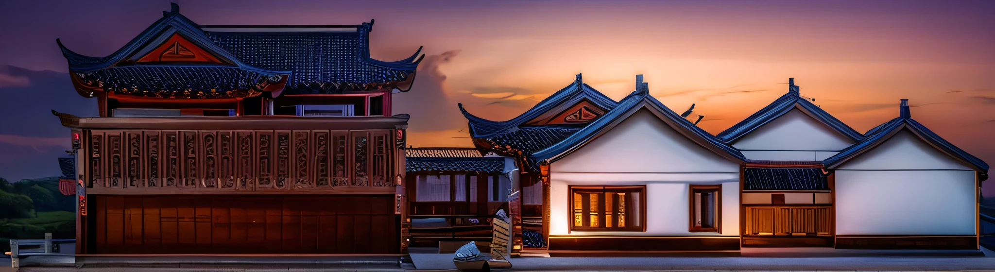 a beautifully detailed ancient Chinese architectural facade, traditional Chinese architecture, sunset over a bamboo forest, white walls with black tiles, (best quality, 4k, 8k, highres, masterpiece:1.2), ultra-detailed,(realistic, photorealistic, photo-realistic:1.37),stunning landscape, intricate architectural details, warm golden light, dramatic clouds, lush bamboo grove, tranquil atmosphere, traditional Chinese aesthetic