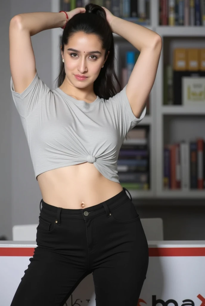 create a scary south indian rakshasi wearing a sleeveless attire. her arms are up proudly revealing her dark and stubbly armpit, her hands are behind her head. the style should be realistic.