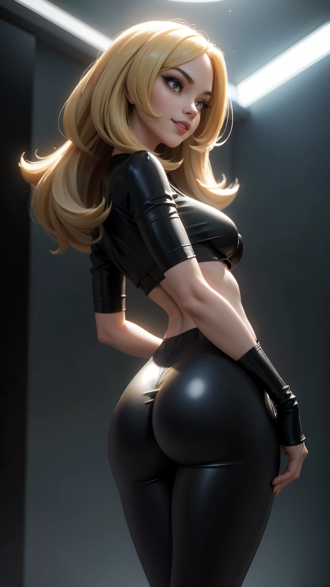 Cynthia (Pokemon), underboob shirt, latex leggings, perfect ass, perfect breasts, perfect body, slim, sexy, beautiful, cute, smiling, 8k, cinematic lighting, photorealistic, highly detailed, intricate, hyperrealistic, volumetric lighting, chiaroscuro, dramatic shadows, porcelain skin, glossy lips, intense gaze, intricate hair strands, dynamic pose, seamless blend, vibrant colors, masterpiece