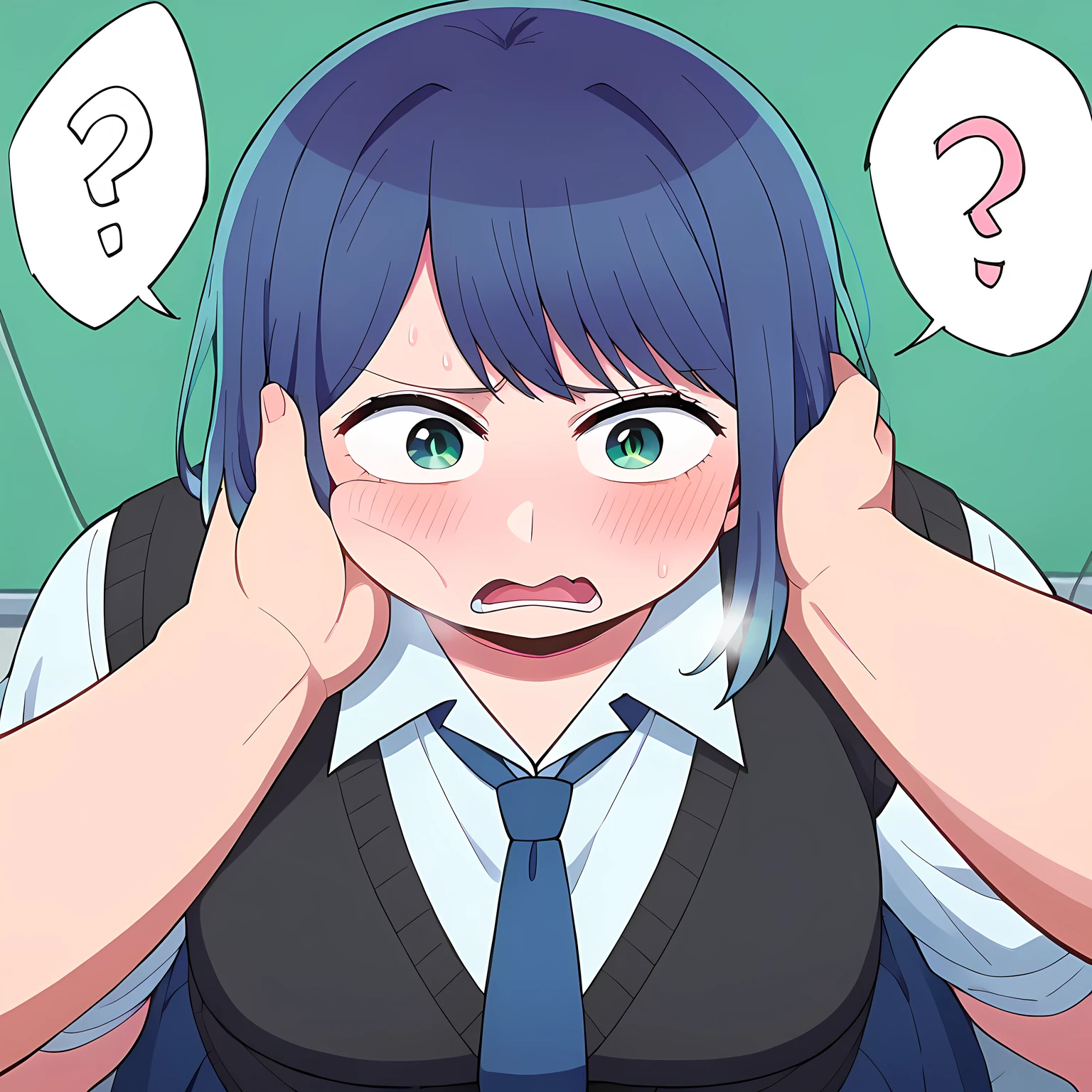 score_9, score_8_up, score_7_up, BREAK, 1girl, solo, breasts,  akane kurokawa, bangs, green eyes, blue hair, medium hair, dark blue hair,
shirt, school uniform, white shirt, necktie, collared shirt, vest, blue necktie, skirt, blue skirt, swollen face, fat, chubby, obese, open mouth, out of breath, absurdres, highres icon, rating:General, confused, blush, spoken question mark, {flustered}, nervous sweating, portrait, pov hands, hand on another's cheek, averting eyes, [looking away], straight-on, from above,  upper body, masterpiece, best quality, ultra-detailed, high resolution, 8K, absurdres, highres icon,