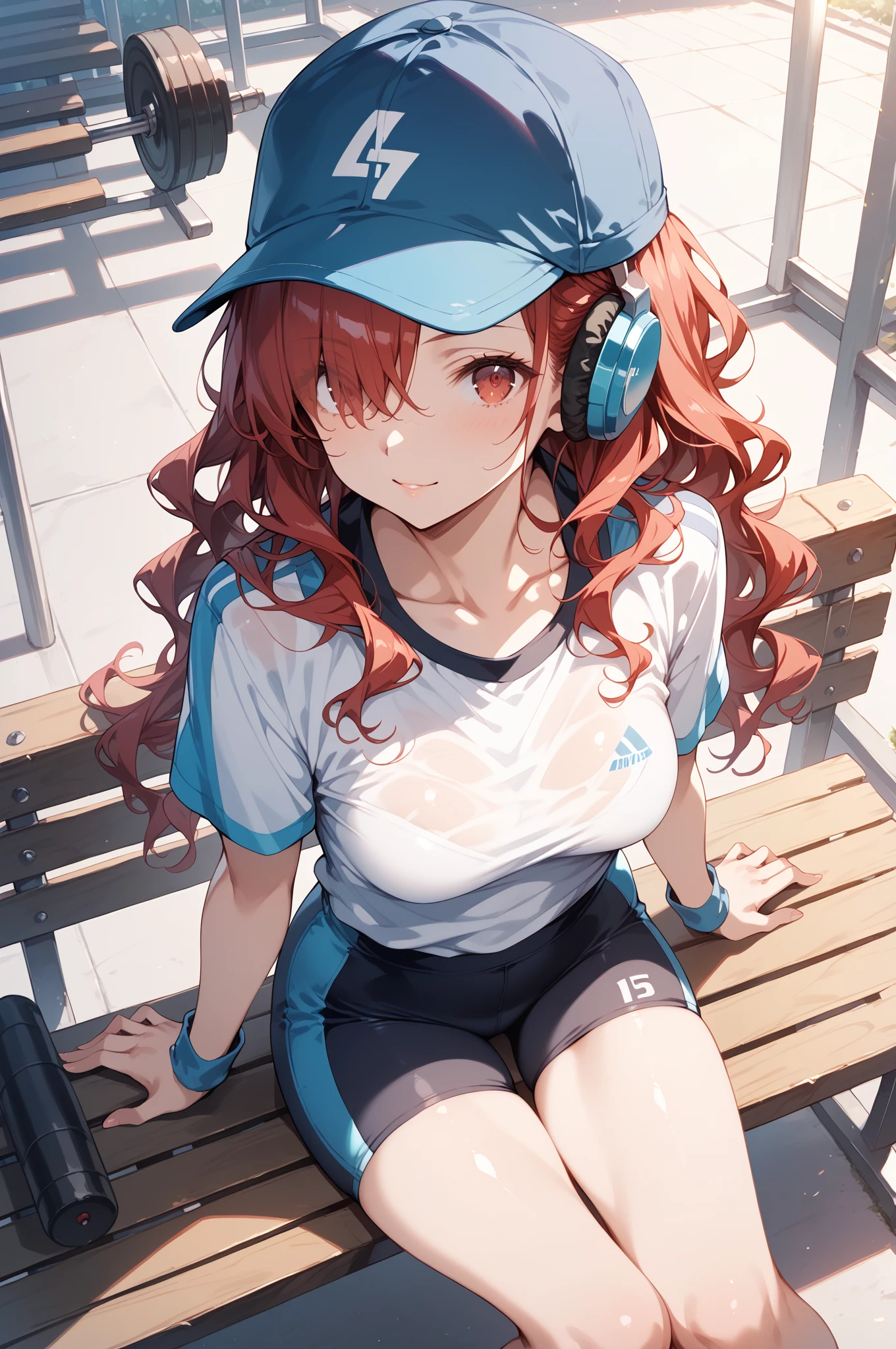 ((Top Quality)), ((Masterpiece)), ((Detail)), perfect face, perfect body, wearing headphones, wearing tight clothes, wearing short clothes, listening to music, sitting on a bench, park background , face visible