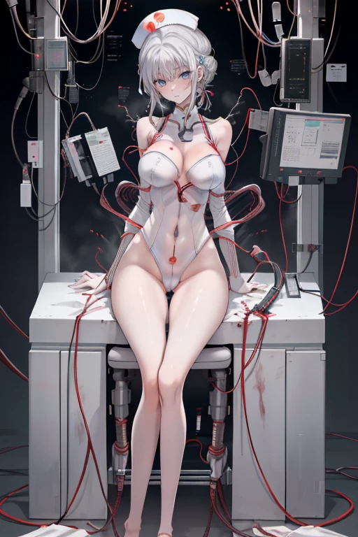 top-quality、Full limbs、complete fingers、1 beautiful woman,(ideal ratio body proportions:1.5), beautiful detailed face, perfect feminine face,Small and beautiful eyes,Droopy eyes, gray eyes,sweat、Slender beauty、straight haired、silver hair、(expressionless:1.5),((white Leotard Mechanical Nurse Uniform))、(coverd nipples:0.5)、very skinny、cleavage、 nurse hat、White pantyhose、(hospitals、Mechanical Hospital Room、on Patient bed:1.4)、used condom、vulgarity、spoken heart、(tan:1.5)、 (sitting a restraint chair:1.6), (show off armpit:-0.0), (Machine joints:1.7),((Mechanically cut muscle blood vessels connected to tubes:1.5),(Mechanical cervical spine attached to the neck:1.5),(Wires and cables connected to the head and torso:1.8),