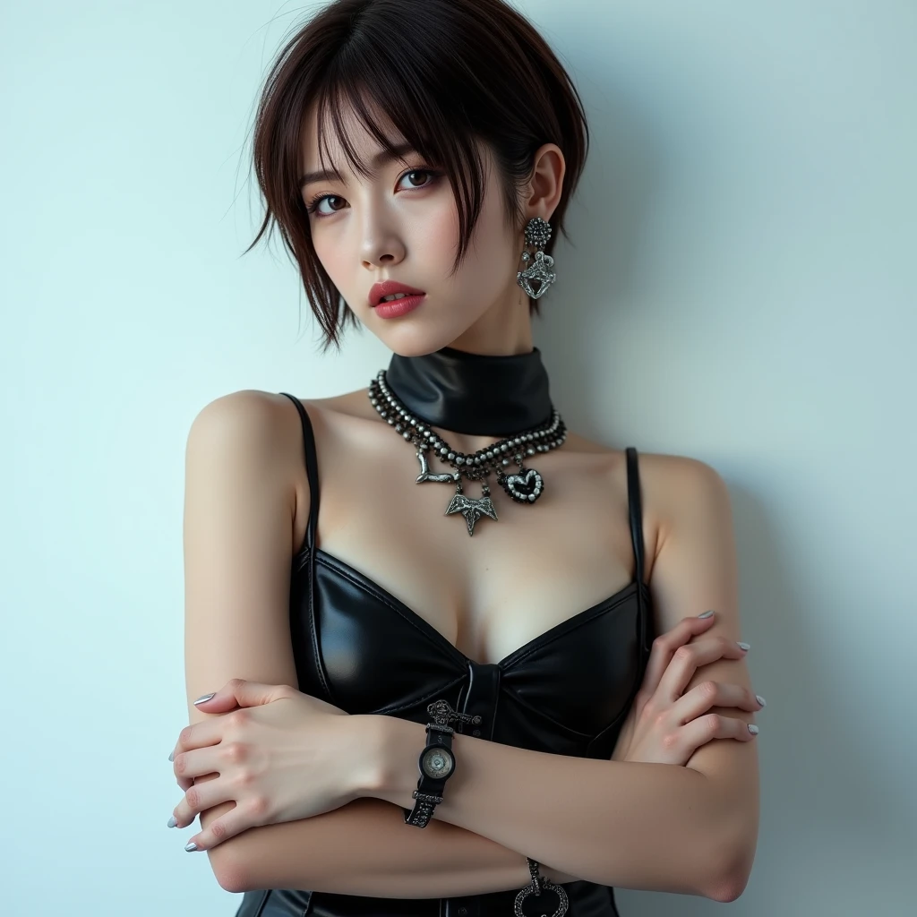   beautiful Japanese woman  , Light , length, Messy,  damp brown hair , Pose with arms crossed to highlight ,  light brown hair:1.331,  wavy hair ,  Brown Eyes , Heavy makeup,  gal makeup, Landmine Girl, Dark style,  black leather design surgical mask, Black leather camisole,  earrings for a woman alone,  Necklaces ,  there is an attractive expression on her face, White background,  Cool lighting, 