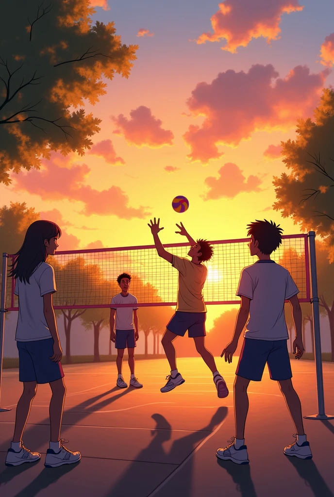 Create a drawing about a young girl with a boy who are playing volleyball and behind them there is a sunset