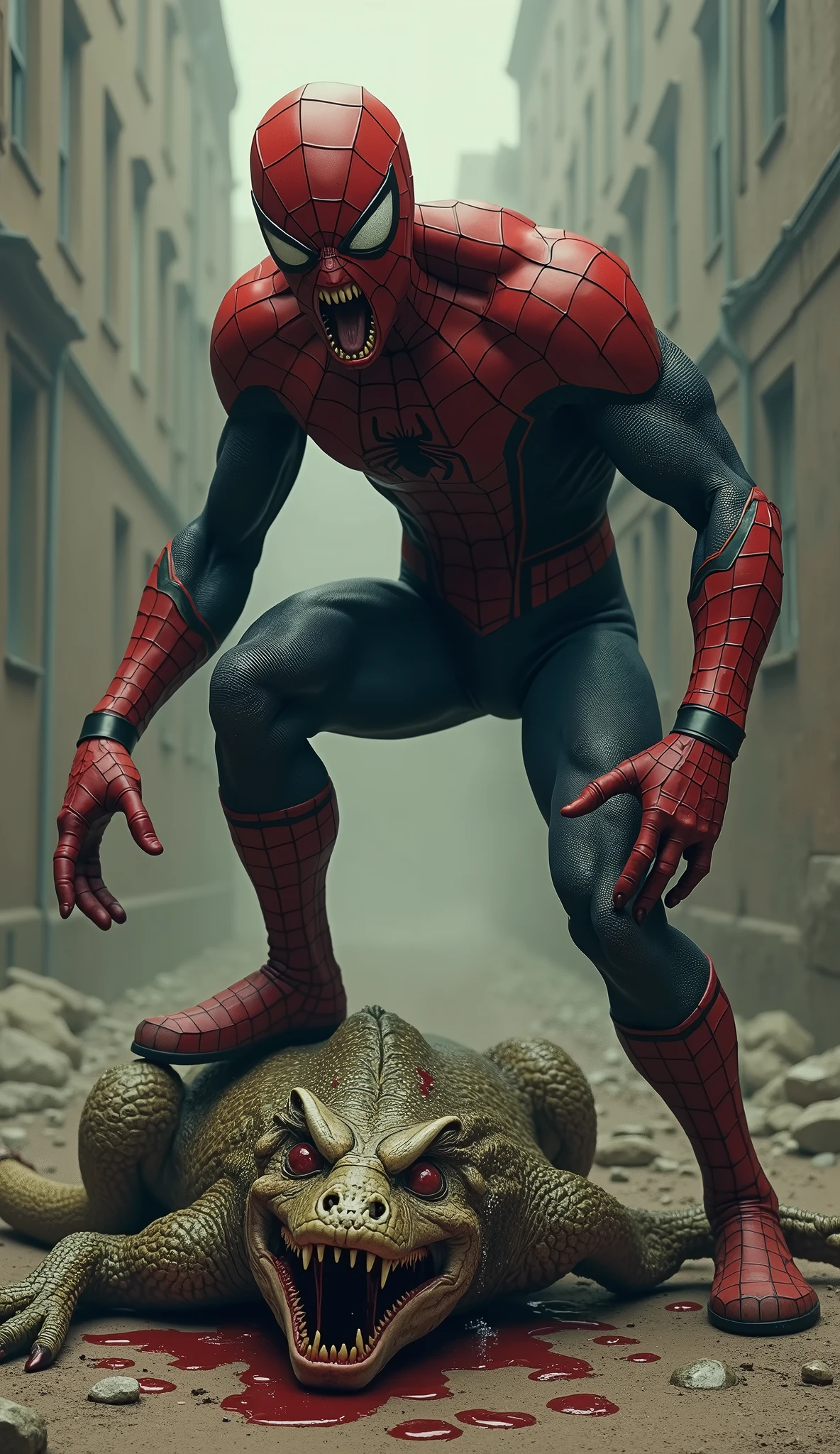 A very big anaconda wrapped around Spiderman , anaconda stuck Spiderman ,spiderman grab anaconda mouth open ,