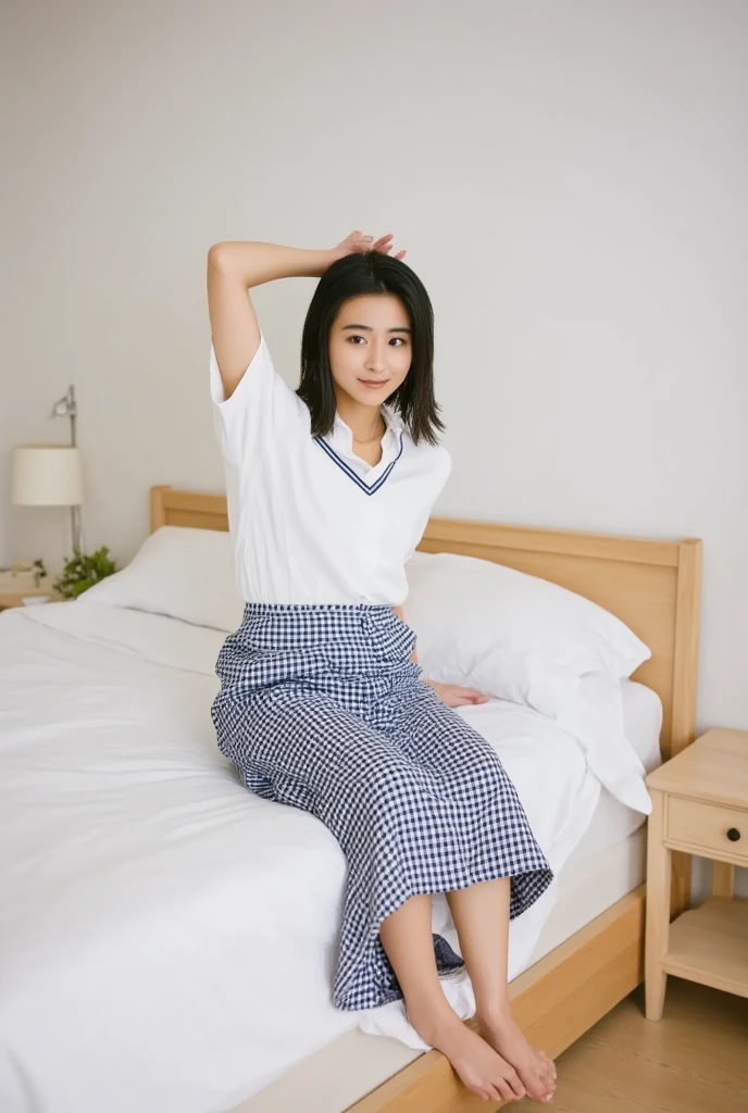 footを開く、32K,   best quality, masterpiece, Realistic,   super detailed,     cute 25-year-old Japanese woman ,   high definition , Alone、 (barefoot、  white blouse 、  blue plaid pleated skirt)、( foot:1.3)、((The upper body is wearing a uniform))、(((((  Sleepy )))))、(((whole body)))、(((Thighs)))、bedroom、  on the bed、  sitting、((  focus on crotch  )),  real skin texture,
  nudes,
