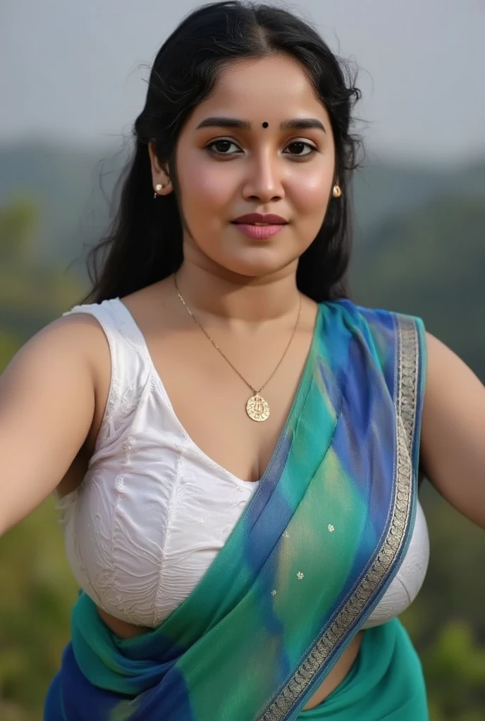 Back and said view, extreme long shot photo of sexy indian, look at viewer and subtle smile, curvy athletic figure, open arms, sexy armpits, sweating, doing push ups in fog, ponytail, necklace, white see through lace bra, blue and green  saree, glossy lips, (cinematic:1.3), intricate details, (ArtStation:1.2) ponytali,romance with boy,hug with him,romance with old man.