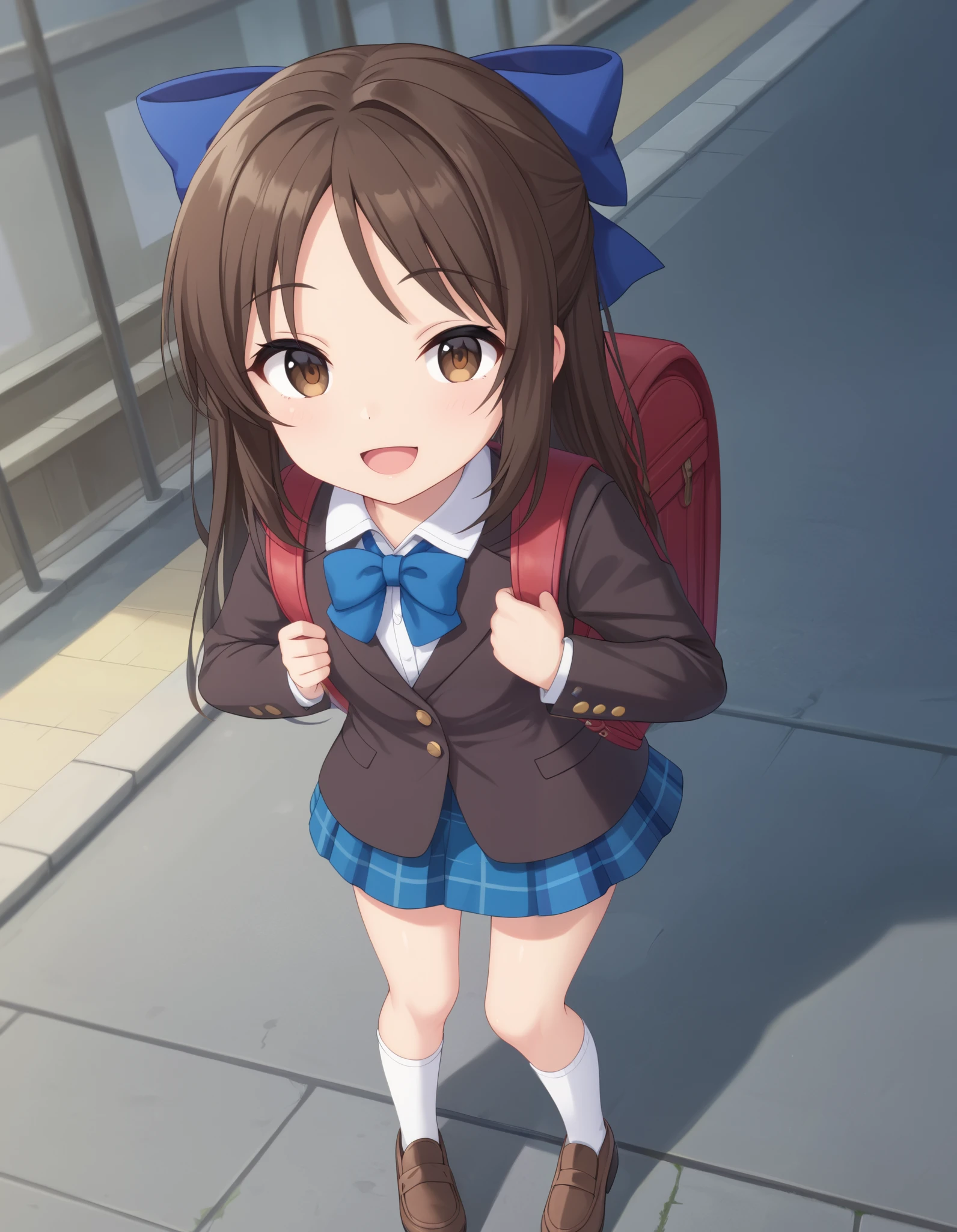 best quality,masterpiece,   4k, best quality 
1girl, solo,tachibana arisu, brown hair, brown eyes, long hair, blue hair ribbon, bang, dark brown blazer, tan color vest , white collared shirt, blue bowtie, blue plaid skirt, opened jacket, white socks, brown shoes,hair bow, smile, opened mouth, Outdoor, standing, wearing red backpack, randoseru backpack 