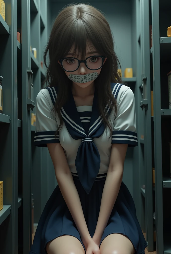 anna yanami, best quality, ultra-detailed, high resolution, extremely detailed cg, unity 8k wallpaper, masterpiece, perfect skinny body, anime picture, femsub, depth of field, absurdres, BDSM, shibari, bondage, bound, gag, gagged, tape, tape gag, teary-eyed, wrist tied up behind her back, sitting, school uniform, backyard, storeroom, sitting inside steel locker, Tape Gag, brown hair, brown eyes, long hair, wavy hair, black eye glasses, ahoge, school uniform, white shirt, short sleeves, bow, blue skirt, multiple bows, 