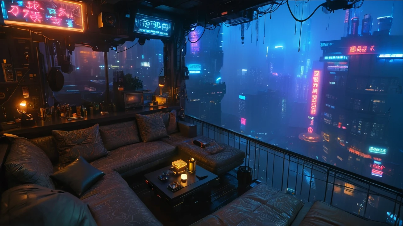  city view, like the Blade Runner scene, has a sofa and table,  cyberpunk settings ,  cyberpunk atmosphere, Cyberpunk dream world, Blade Runner vibes, the  cyberpunk apartment , The room with a ,  Dirty Cyberpunk City , Dystopian City Apartment ,  cyberpunk lights ,  Cyberpunk Aesthetics ,  Blade Runner Apartment ,  cyberpunk apartment , neon rainy  cyberpunk settings ,  cyberpunk atmosphere