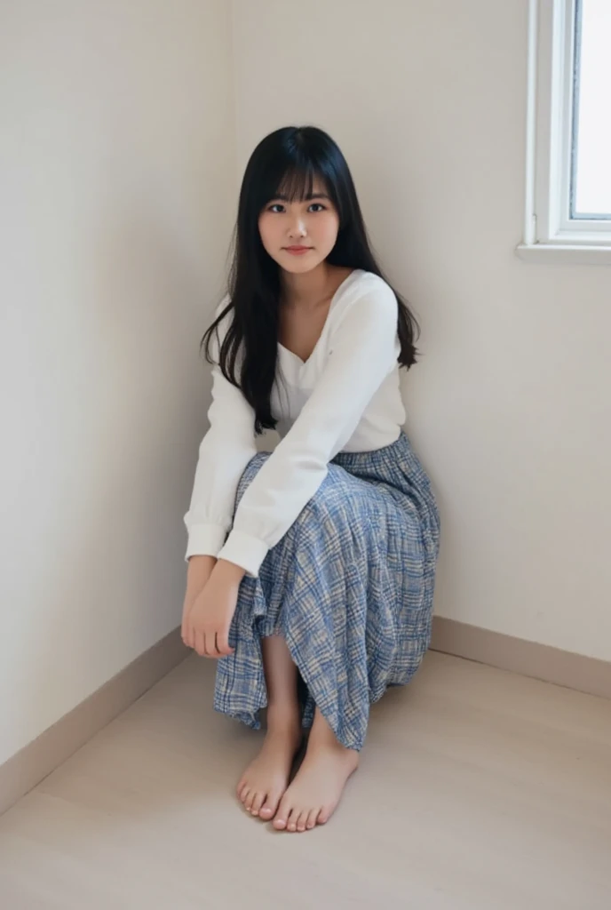 footを開く、32K,   best quality, masterpiece, Realistic,   super detailed,     cute 25-year-old Japanese woman ,   high definition , Alone、 (barefoot、  white blouse 、  blue plaid pleated skirt)、( foot:1.3)、((The upper body is wearing a uniform))、(((((  Sleepy )))))、(((whole body)))、(((Thighs)))、bedroom、  on the bed、  sitting、((  focus on crotch  )),  real skin texture,
  nudes,
