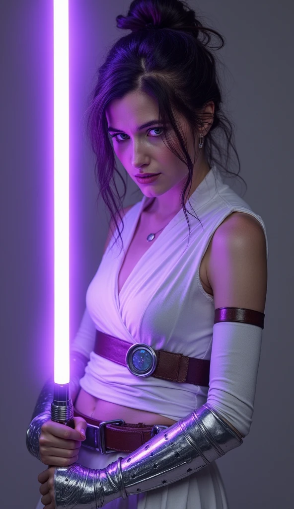 Kathryn Hahn as Jedi, holding glowing purple lightsaber, messy dark hair bun, piercing eyes, futuristic elegant design, white short jedi dress, boots, subtle purple and blue accents, bracers with intricate details, hints of violet energy, mysterious powerful atmosphere, grace, strength, ancient mystical energy, calm, power, focus, full shot