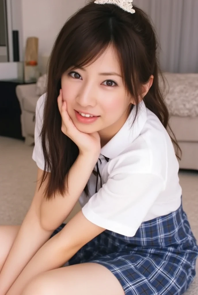 footを開く、32K,   best quality, masterpiece, Realistic,   super detailed,     cute 25-year-old Japanese woman ,   high definition , Alone、 (barefoot、  white blouse 、  blue plaid pleated skirt)、( foot:1.3)、((The upper body is wearing a uniform))、(((((  Sleepy )))))、(((whole body)))、(((Thighs)))、bedroom、  on the bed、  sitting、((  focus on crotch  )),  real skin texture,
  nudes,
