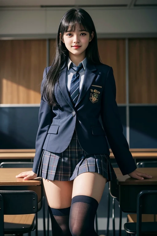 Girl standing in a classroom in a school building,Blue tie uniform,  dark blue blazer  , blue plaid skirt,18 years old,bangs,Laugh a little,Thighs,Knee, from below,  navy blue knee socks,  long hair,  black hair,   best quality ,   Masterpiece ,  high definition , Ultra High Definition, 