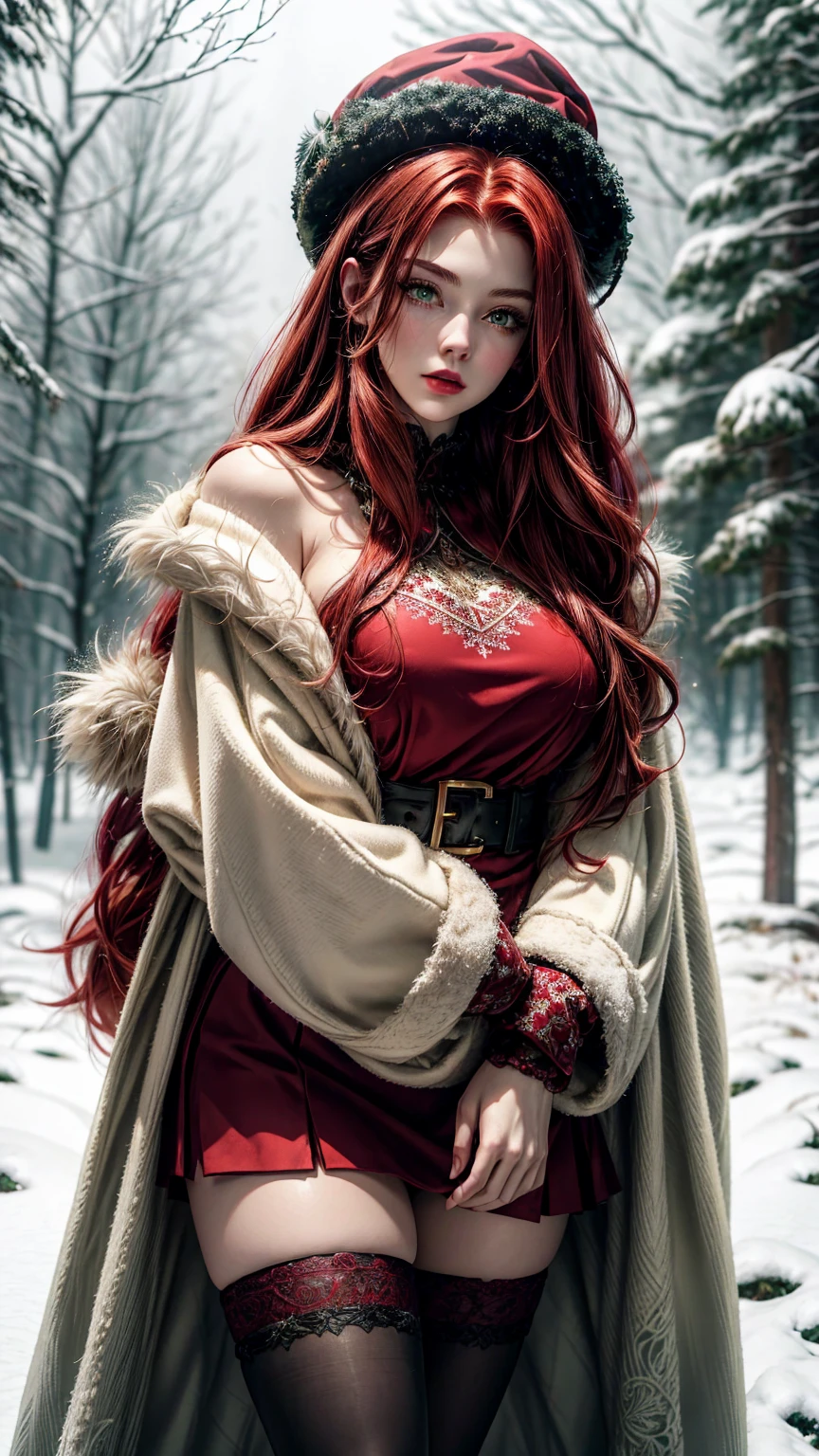 Highly detailed, fantasy-themed. A beautiful red-haired woman with flowing crimson locks, striking green eyes, and full ruby-red lips. She has an average, athletic build, emphasizing natural beauty and elegance. She wears a provocative lace Santa outfit adorned with intricate patterns and soft fur trim, paired with a matching Santa hat. Her pose is alluring and confident, leaning gracefully against a snow-covered tree, one leg bent slightly to highlight her posture. Set in a snowy forest scene, surrounded by snow-covered trees and a serene winter atmosphere. Soft snowflakes drift around her, illuminated by gentle moonlight, adding a magical and festive touch. Rendered in ultra-high quality with cinematic lighting and intricate details.