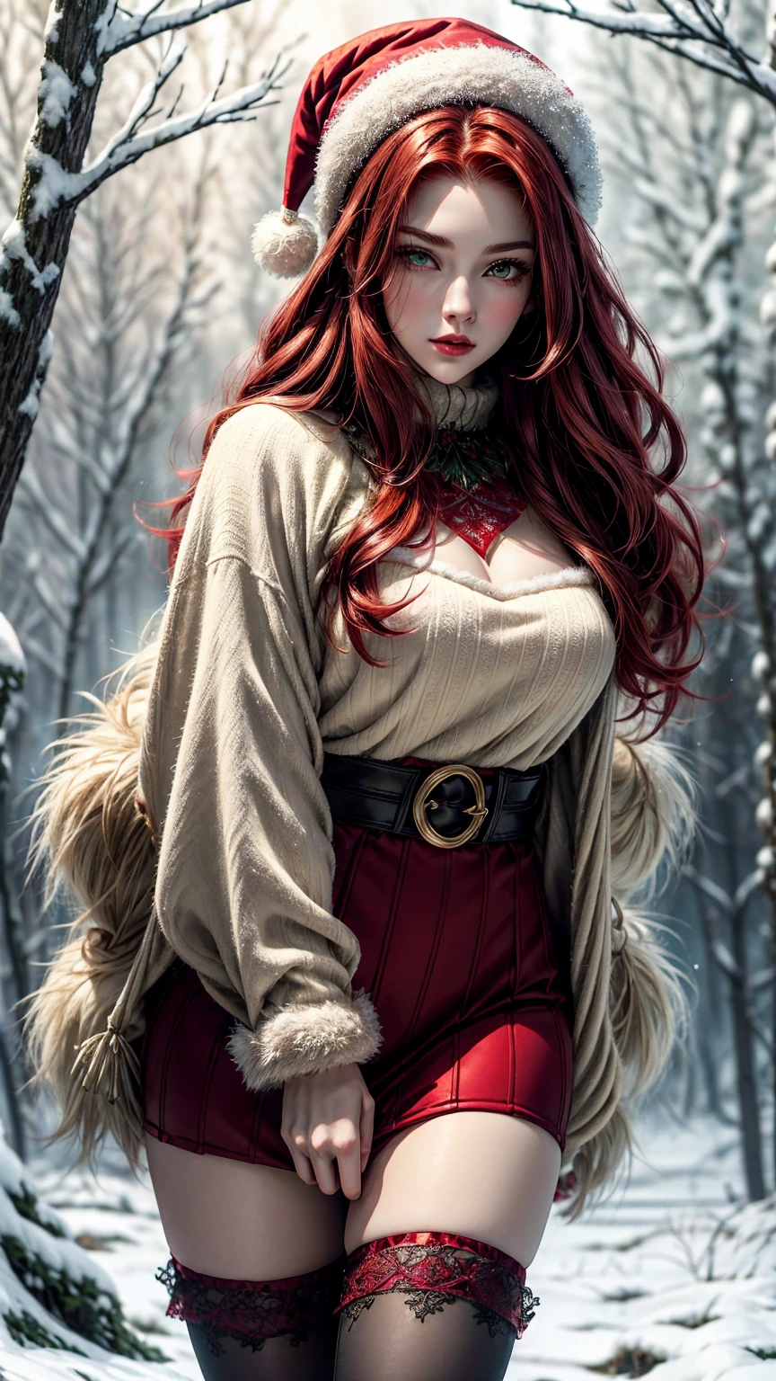 Highly detailed, fantasy-themed. A beautiful red-haired woman with flowing crimson locks, striking green eyes, and full ruby-red lips. She has an average, athletic build, emphasizing natural beauty and elegance. She wears a provocative lace Santa outfit adorned with intricate patterns and soft fur trim, paired with a matching Santa hat. Her pose is alluring and confident, leaning gracefully against a snow-covered tree, one leg bent slightly to highlight her posture. Set in a snowy forest scene, surrounded by snow-covered trees and a serene winter atmosphere. Soft snowflakes drift around her, illuminated by gentle moonlight, adding a magical and festive touch. Rendered in ultra-high quality with cinematic lighting and intricate details.