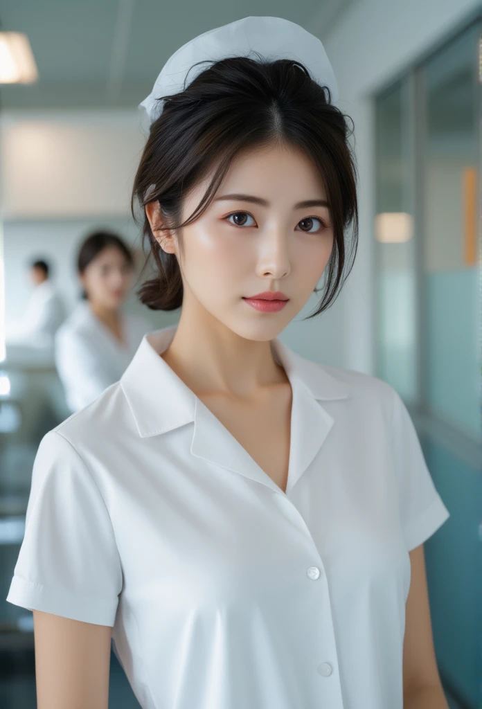 NSFW,nipples,1.  pure woman ,(undressing white nurse clothes:1.2),(Raw images, best quality), (It is true, photo-It is true:1.4),  masterpiece ,   very fine and beautiful  ,   Many details , Beautiful skin,    facial details   , Serious face、  look clean 、   Radiant eyes, Double eyelids, Plump Breasts、 Clevis、  High Resolution, soft light,   beautiful and refined girl on the plane ,   Many details  eyes and face,   beautifully detailed nose, nurse,  Complete anatomy,  Black hair ,  Upstyle , nurse uniform, ((nurse cap)), โรงnurse, clear,   white uniform , โรงnurse room, ((  High Resolution)),   Short hair, shill, focus on the face 、