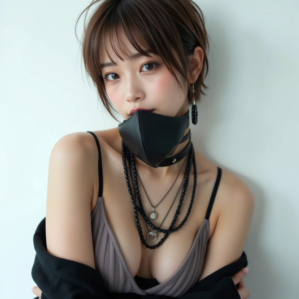   beautiful Japanese woman  , Light , length, Messy,  damp brown hair , Pose with arms crossed to highlight ,  light brown hair:1.331,  pixie cut hair ,  Brown Eyes , Heavy makeup,  gal makeup, Landmine Girl, Dark style, black leather surgical mask to cover the mouth:1.05, Black leather camisole,  earrings for a woman alone,  Necklaces ,  There is an attractive expression on her face, White background,  Cool lighting, 