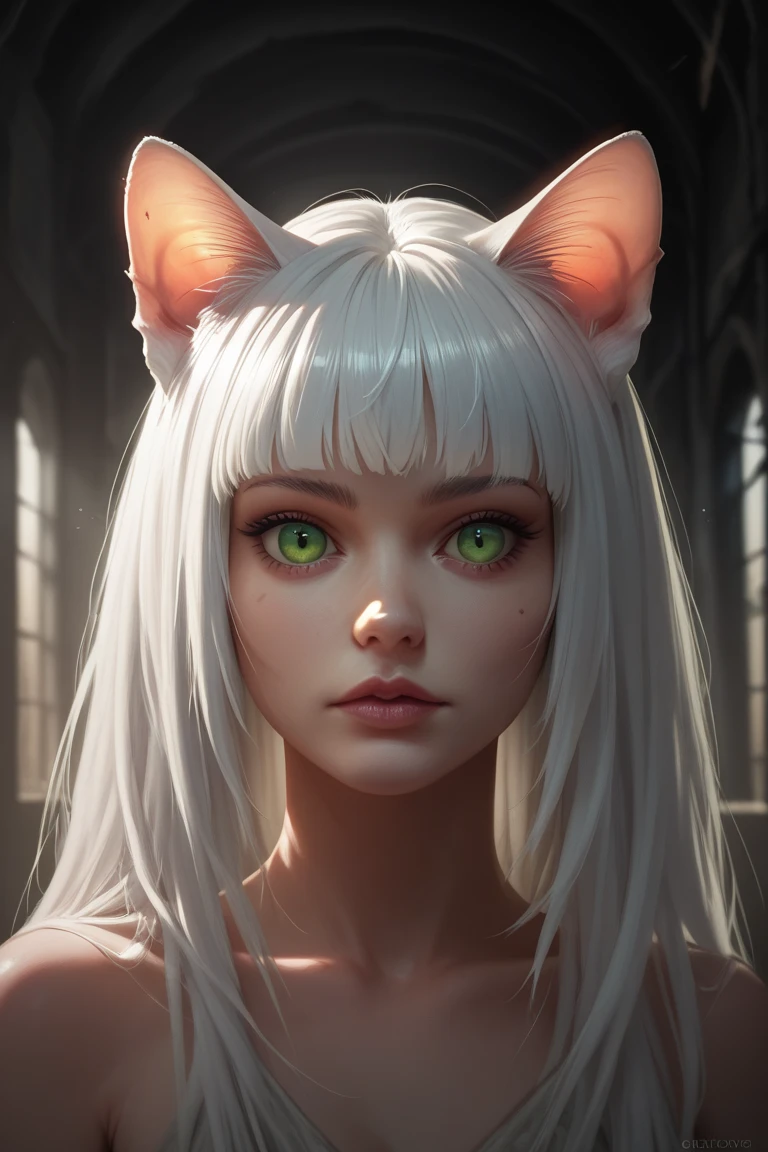 
a cat girl with green eyes and long white hair with a fringe standing around an abandoned and apocaliptic world, at an apocaliptic and dark sunset, detailed girl, only luminescent skin, at the front, detailed face, beautiful face, upper body, detailed upper body, 