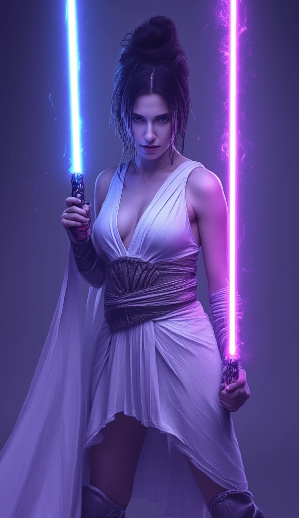 Kathryn Hahn as Jedi, holding glowing purple lightsaber, messy dark hair bun, piercing eyes, futuristic elegant design, white short jedi dress, boots, subtle purple and blue accents, bracers with intricate details, hints of violet energy, mysterious powerful atmosphere, grace, strength, ancient mystical energy, calm, power, focus, full shot