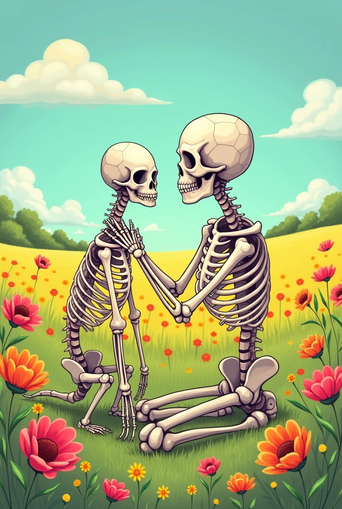 A male skeleton proposing a female skeleton holding a bouquet of flowers in front of the Eiffel Tower, hyper realistic, intricate details. 