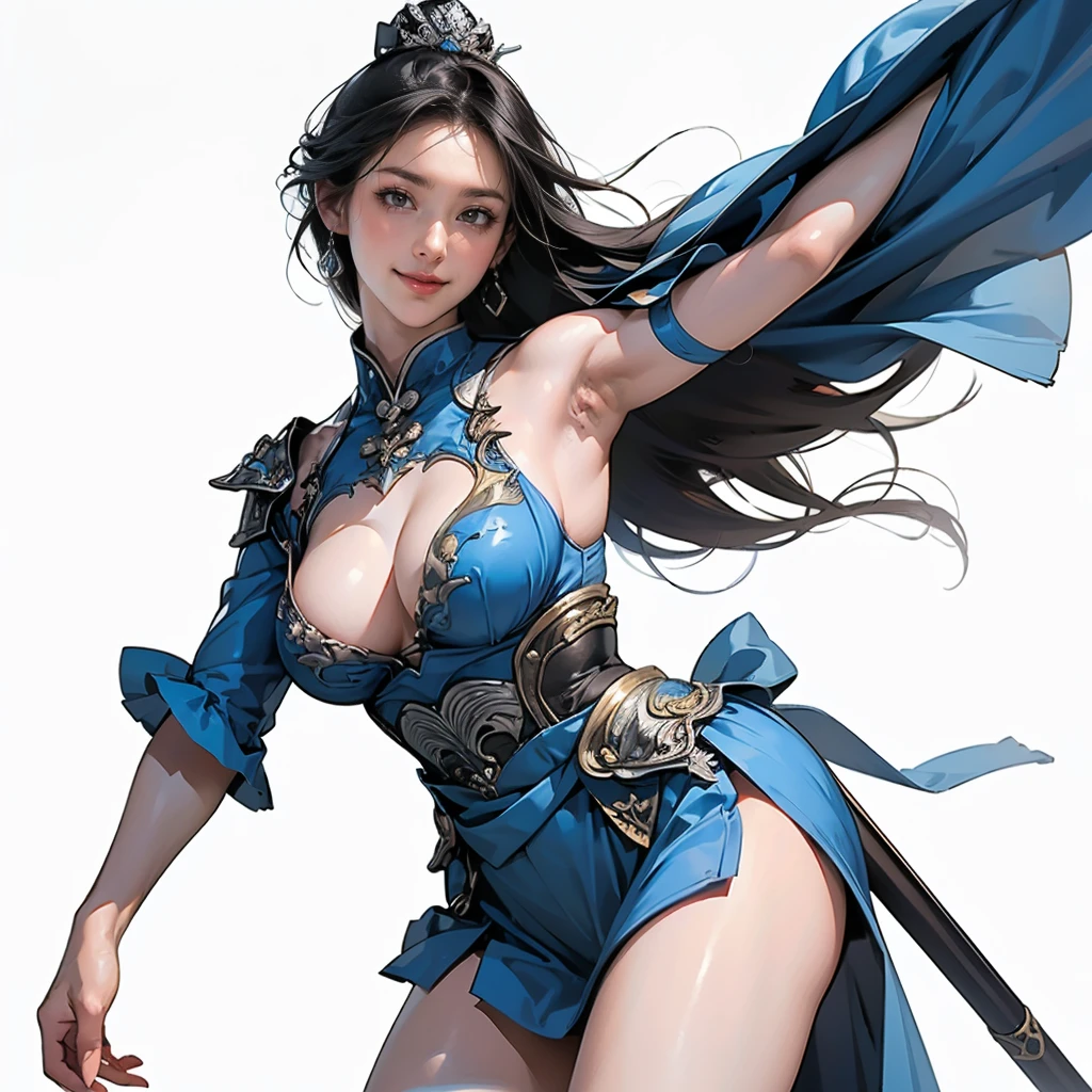 ( best quality,4K,8k, high definition ,masterpiece:1.2),super detailed,(Realistic,photoRealistic,photo-Realistic:1.3),((( One Woman ))),Ancient Chinese war princess ,20-year-old woman,(Shining Dark Eyes , Long Beautiful Black Hair , sculpted face ,smile), perfect style with eight heads ,Big Breasts:1.2,hairyarmpit:1.3,NFSW:1.3,( ancient Chinese HX armor :1.1,Armor with open armpits ,( is wielding a spear:1.3),dynamic pause:1.3,( open armpits and hairy armpits can be seen by viewers ),( cowboy shot from Niigata, depicting everything from the tip of the head to above the knee:1.3),( standing:1.3,wide-angle photo:1.3, candid photo),(( white background:1.3,simple background:1.2))