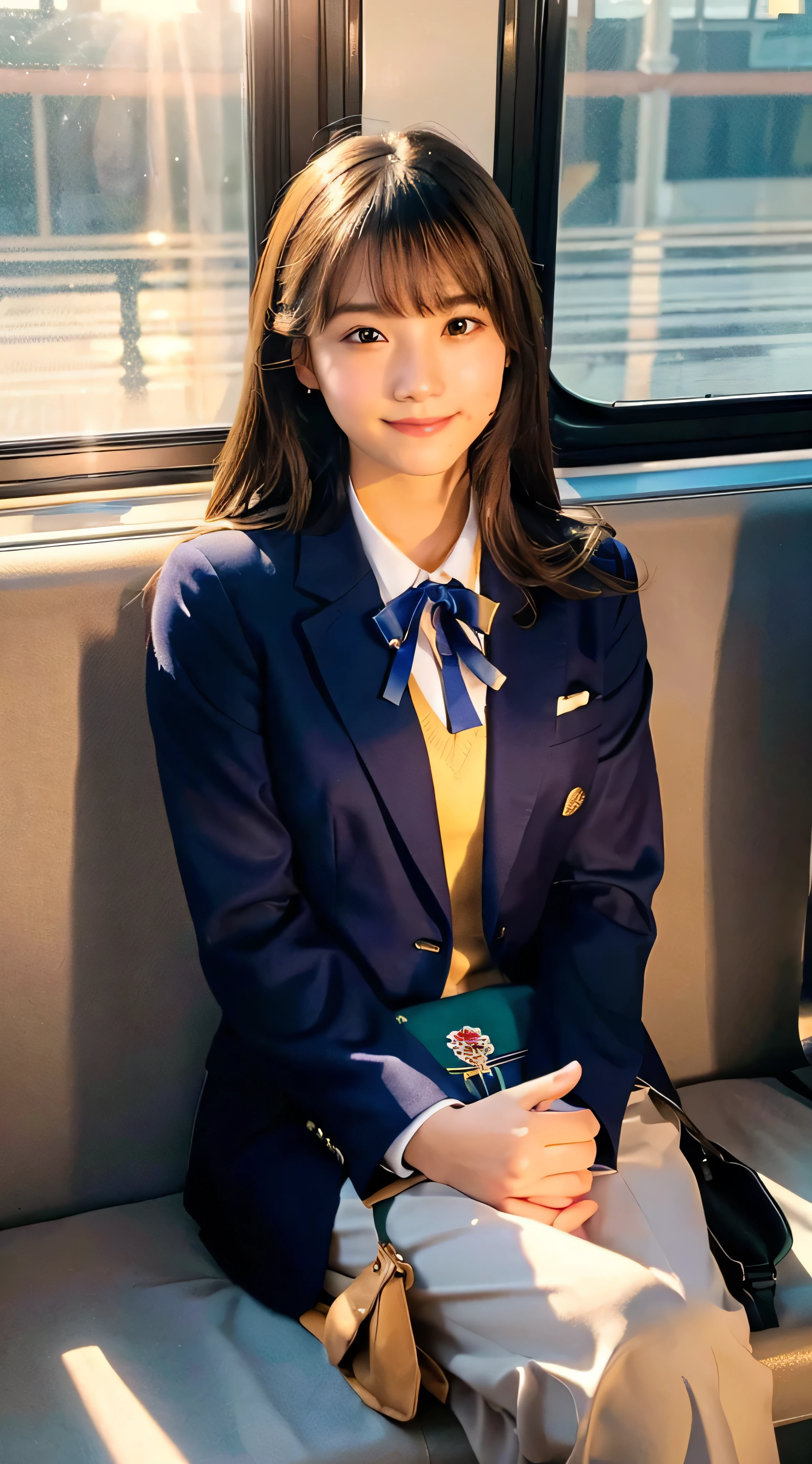 (highest quality,masterpiece:1.3,ultra high resolution),(Super detailed,caustics,8k),(photorealistic:1.4,RAW shooting),(front shot:1.1),(on the train:1.1),(Sit on the chaise longue:1.2),(at dusk:1.2),(illuminated by the setting sun that shines through the window:1.3),(Warm and soft light:1.3),18-year-old,(natural brown middle hair),(shy smile),(stare at the camera),Navy blue blazer uniform,Blue ribbon,(carrying a school bag on his lap),big ,cowboy shot,Natural light,