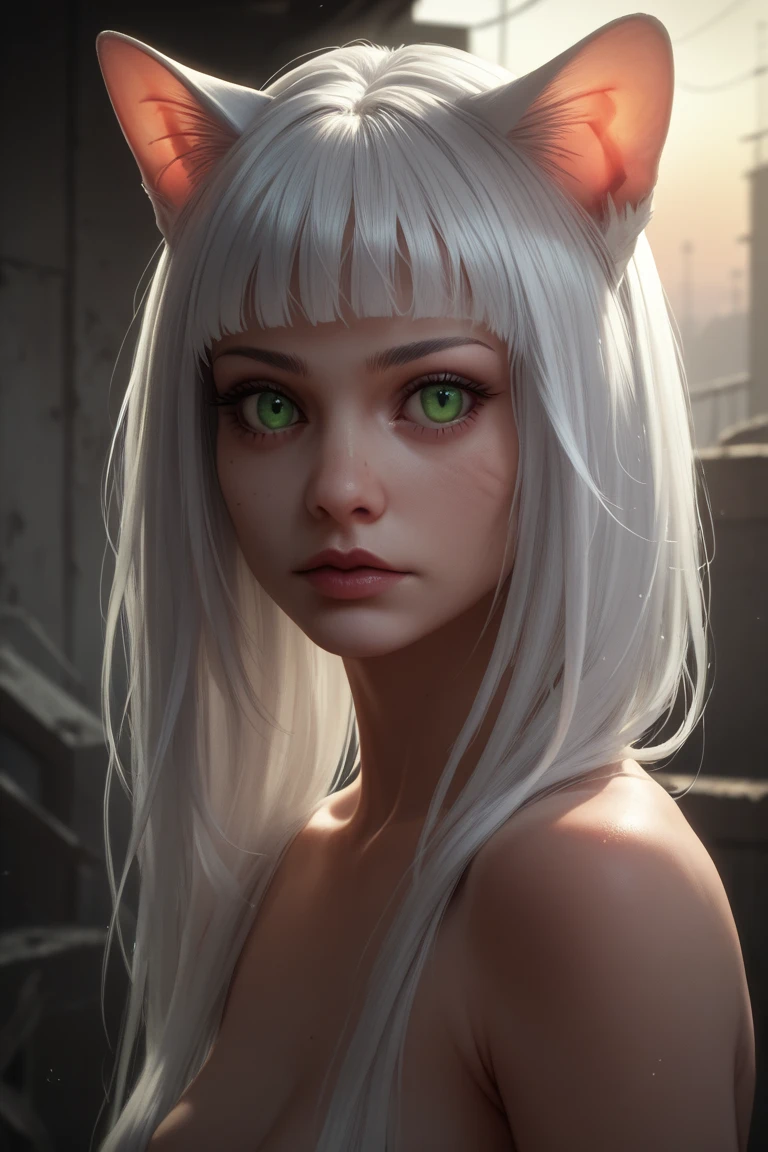 
a cat girl with green eyes and long white hair with a fringe standing around an abandoned and apocaliptic world, at an apocaliptic and dark sunset, detailed girl, only luminescent skin, at the front, detailed face, beautiful face, upper body, detailed upper body, 