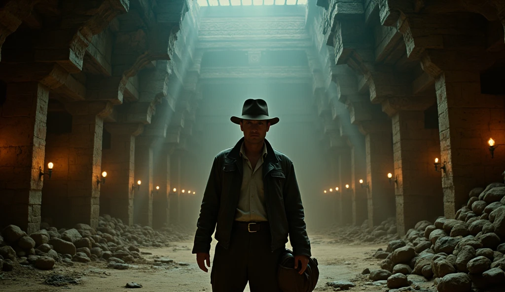 inside very mysterious dark beautiful ancient city. Dutch angle, supernatural phenomena happening. Indiana Jones\(Harrison Ford, movie character, wearing fedora hat, leather whip, black leather jacket, sooty safari shirt, wool pants, British bag,from side\) holding shining OOPARTS. very realistic, dynamic and tense camera works. screenshot of movie. great advertisement poster. beautiful landscape of ancient city, focus on the ancient city