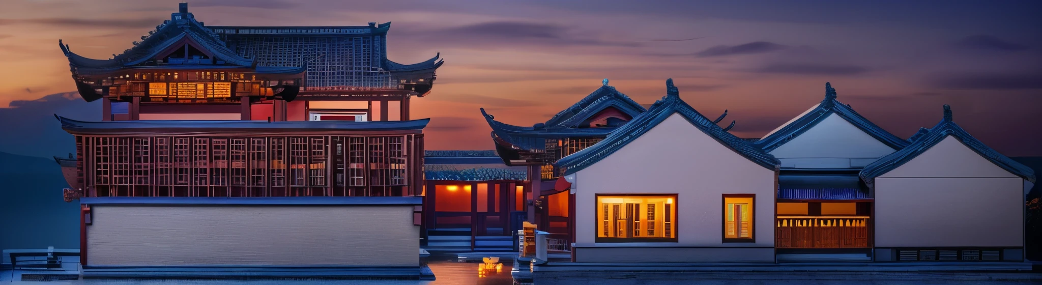 a beautiful ancient chinese architecture, white walls and black tiles, traditional huizhou architecture style, sunset, golden hour, dramatic lighting, highly detailed, intricate details, photorealistic, 8k, ultra-detailed, (best quality,4k,8k,highres,masterpiece:1.2),ultra-detailed,(realistic,photorealistic,photo-realistic:1.37),HDR,UHD,studio lighting,ultra-fine painting,sharp focus,physically-based rendering,extreme detail description,professional,vivid colors,bokeh,landscape