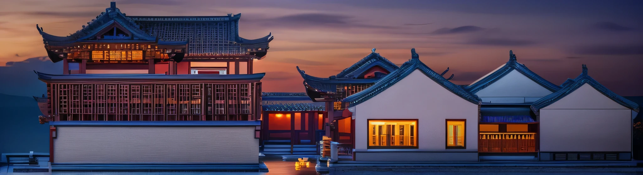 a beautiful ancient chinese architecture, white walls and black tiles, traditional huizhou architecture style, sunset, golden hour, dramatic lighting, highly detailed, intricate details, photorealistic, 8k, ultra-detailed, (best quality,4k,8k,highres,masterpiece:1.2),ultra-detailed,(realistic,photorealistic,photo-realistic:1.37),HDR,UHD,studio lighting,ultra-fine painting,sharp focus,physically-based rendering,extreme detail description,professional,vivid colors,bokeh,landscape