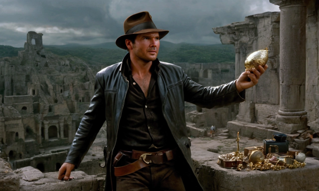 (solo:1.3),1boy,Indiana Jones\(Harrison Ford, movie character, wearing fedora hat, leather whip, black leather jacket, sooty safari shirt, wool pants, British bag, (looking away:1.3),(dynamic action:1.3),holding shining (treasure:1.4)\). BREAK .background\((inside ancient city\(futuristic ruin,mysterious , dark, (supernatural:1.4)\):1.4)\), very realistic portrayal, (dynamic action:1.4), (dynamic angle:1.4).screenshot of movie, great advertisement poster, (landscape:1.3). focus on the city. BREAK .quality\(8k,wallpaper of extremely detailed CG unit, high resolution, top-quality, top-quality real texture skin, hyper realistic, increase the resolution, RAW photos, best quality, highly detailed, the wallpaper, golden ratio, high saturation realism, vibrant colors, dramatic lighting, persuasive storytelling, atmospheric scenery, captivating visuals, intricate details, strong emotions, dreamlike world\)