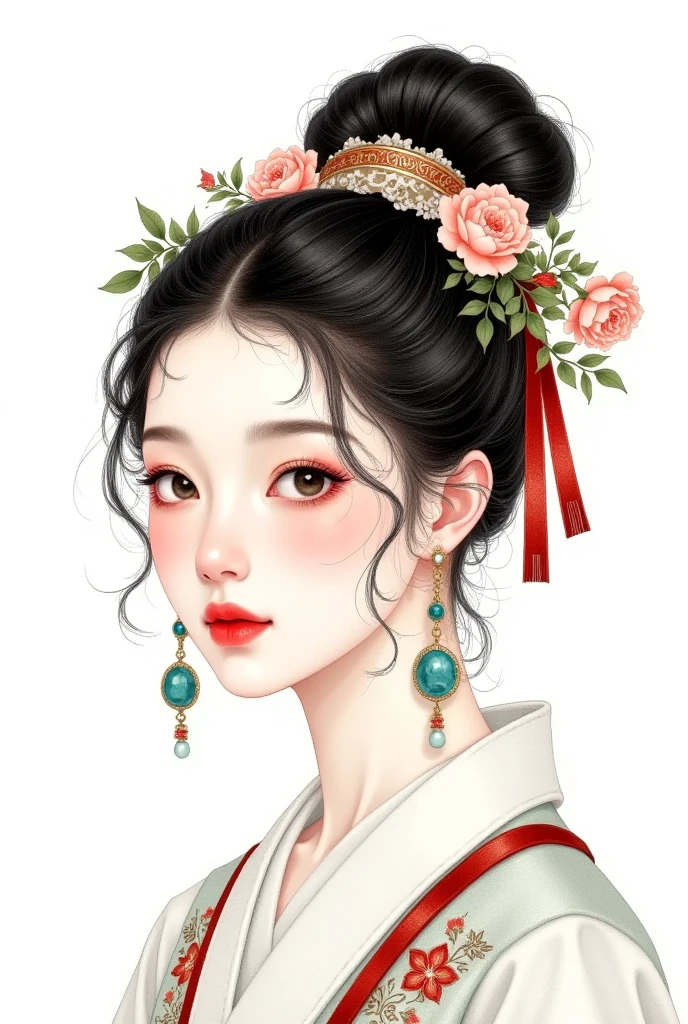   hand-painted art   ，  color pencil sketch：  beautiful girl portrait , High bun， Wears ribbons and flowers on the head， Unique ，Fine Hair，  ancient Chinese style  ，stone earring，   white background，
