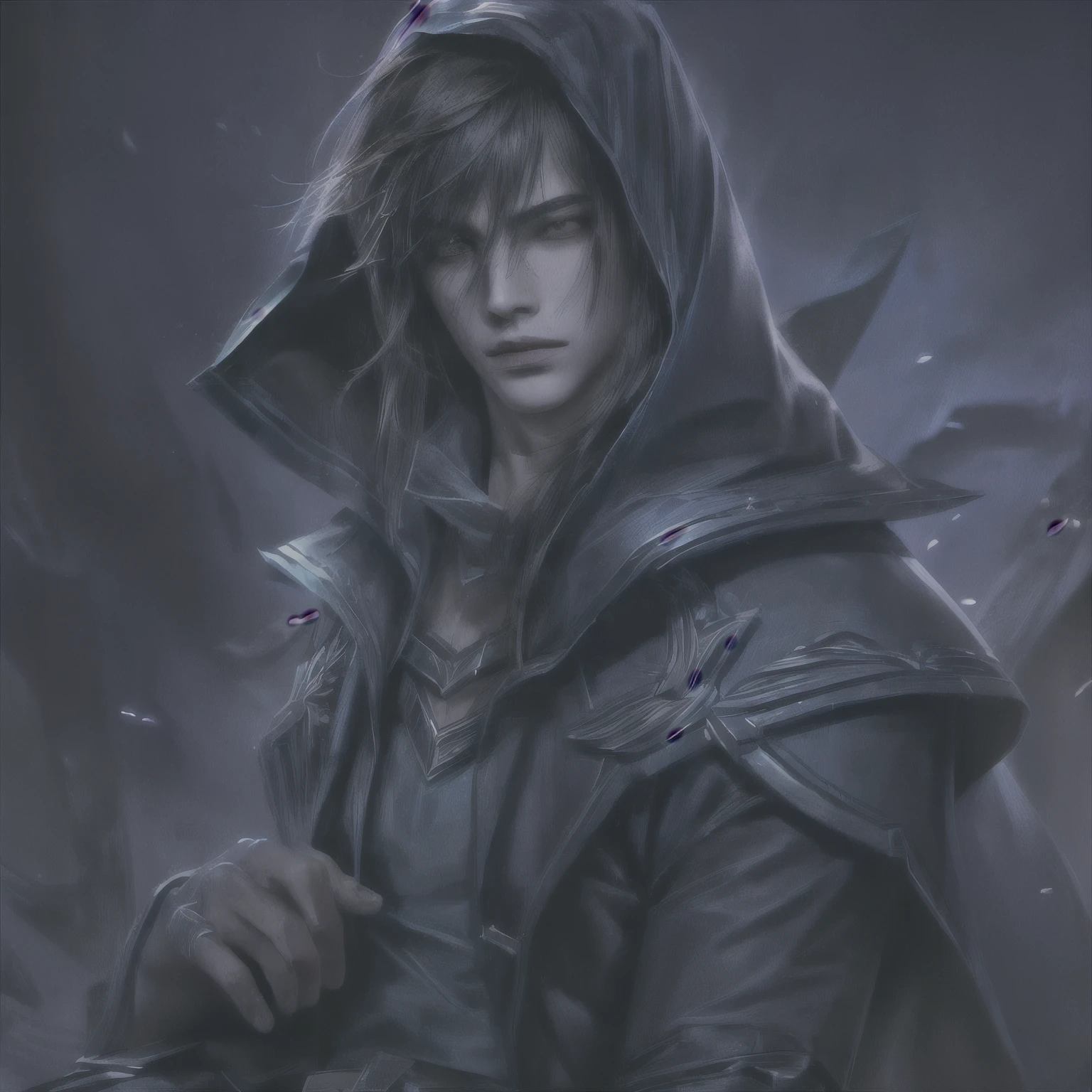 talon (league of legends), masterpiece, best quality, realistic, 1man, young male, quiet and charming young man, 20 years old, close his eyes, serious, closed mouth, extremely detailed face, cold, ((dark eyes)),straight layered bangs hair ((hair medium hair long in length)), [thick eyebrows], ((blue clothes)), accurate, detailed, capuz na cabeça, hood