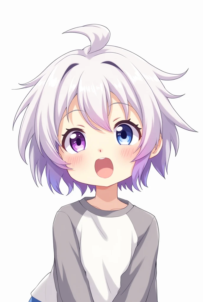 An anime-style boy with short, wavy white hair, white skin, sticking out his tongue, and piercing his tongue and ears.