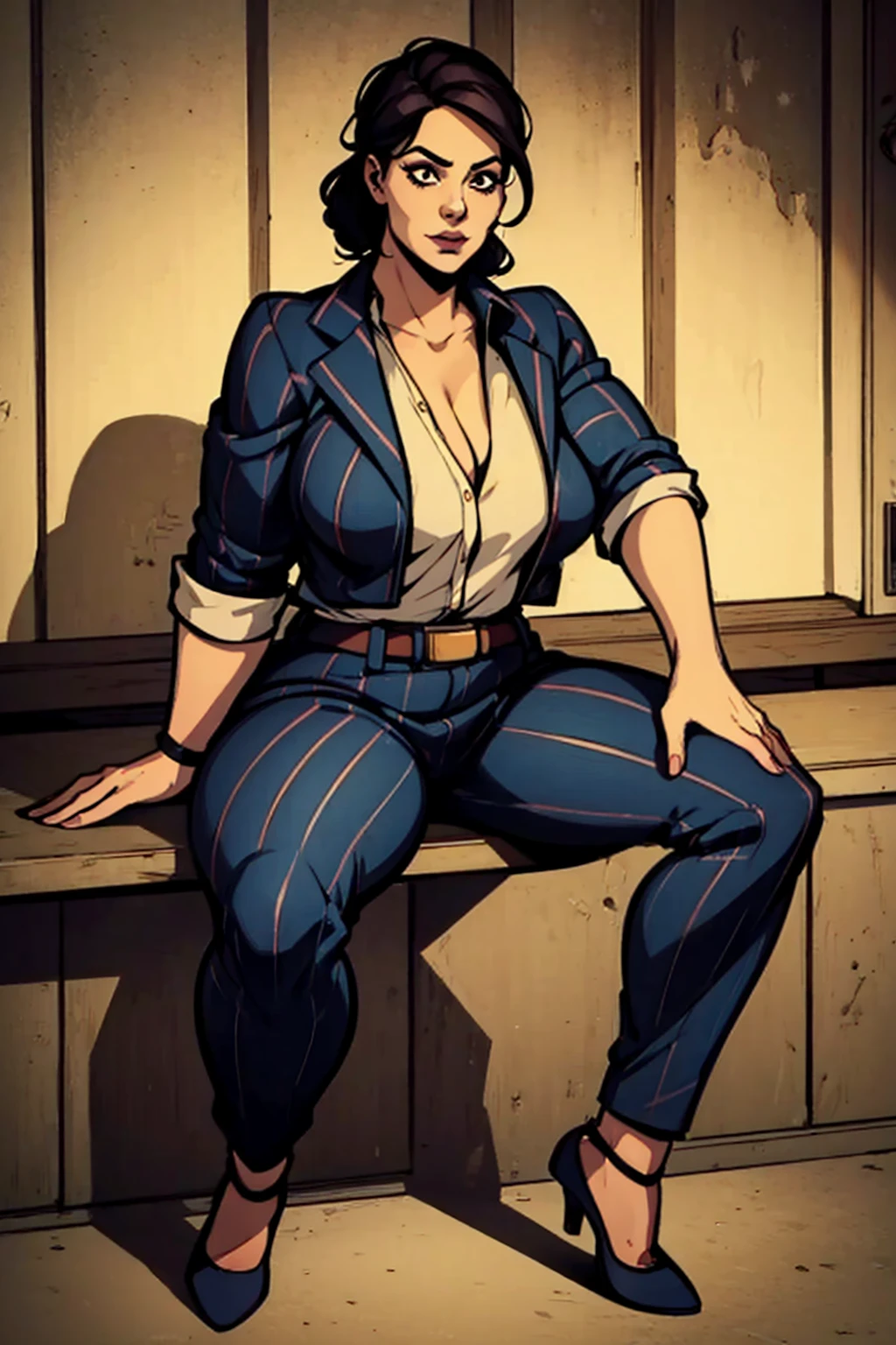 Digital art, angled view, sexy sitting pose, full curvy figure, mature woman, adult female, whole body, form-fitting, Jane Romero (Dead by Daylight game) inspired costume, pinstriped blazer, blouse, belt, pinstriped baggy pants that ends above the ankle, belt, flat office heels, 1woman, solo, upper body, lower body, ((Extremely Detailed)), ((Best Quality)), ((Masterpiece)), ((4k)).
