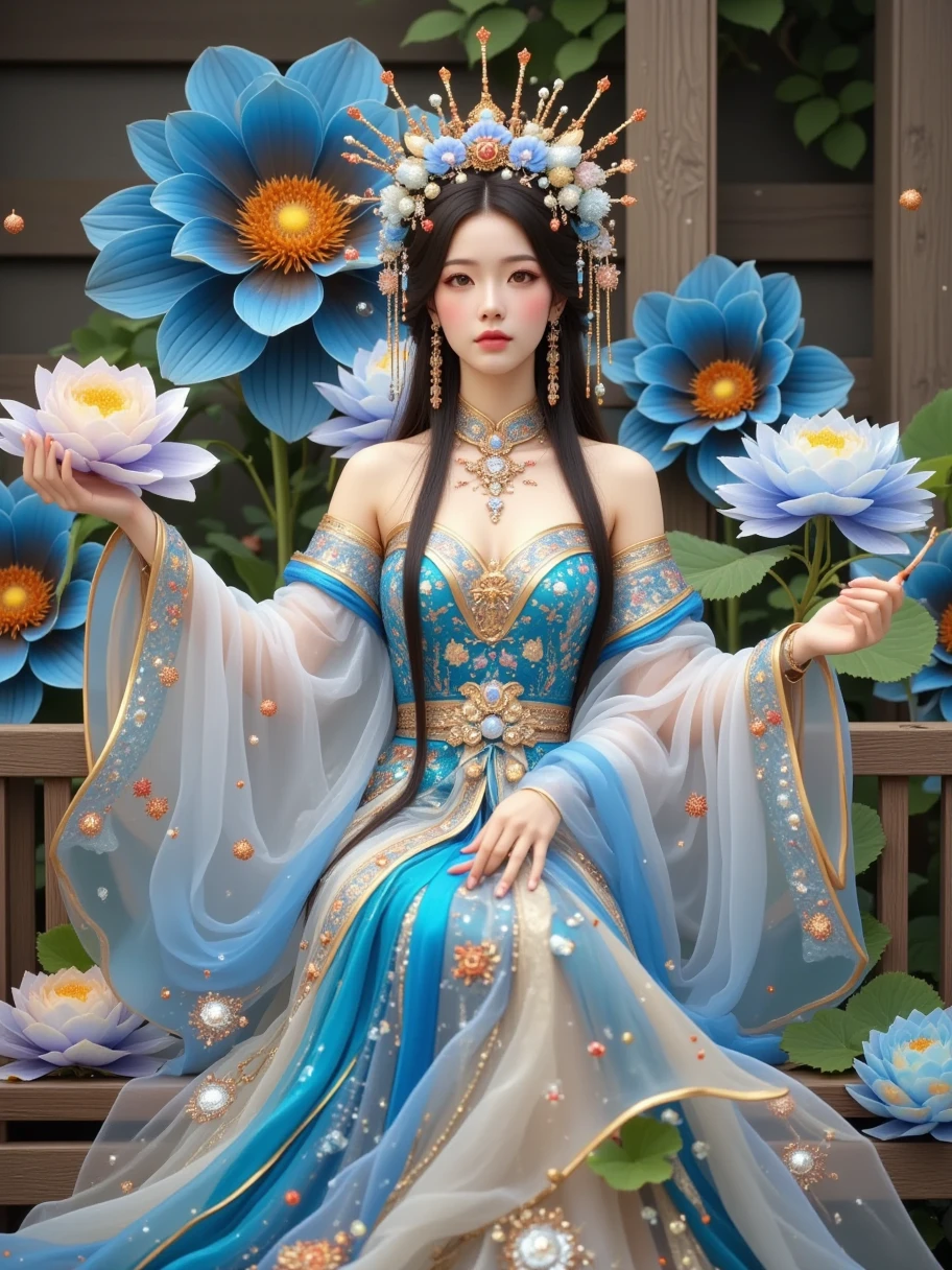  ancient Chinese《Classic of Mountains and Seas》, falling like a star ，Peony essence ， is huge ，, the flowers are blue, and the petals are light blooming ， falling into an earthly dream 。, a mythical flower demon in the world 。Hyper-Reality，, shocking and beautiful 。whole body， in different scenes {x}。 The atmosphere is blue 。Hyper-realistic photography style、 Guofeng painting elements 、 fantastic artistic charm 、Soft Lighting、Strange Chinese beauty 、 poetic lake view and autumn scenery 、Delicate brushstrokes、 ethereal rendering 、 natural autumn sky ，8k， Delicate Details ， beautiful lighting effects ，Dreamy mood。