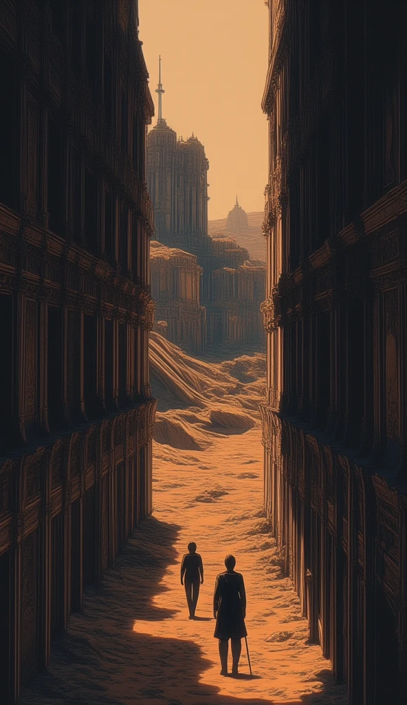 Aerial view, a pair of futuristic travelers, exploring the ruins of an great ancient desert city, partially buried in sand, with a modern structure, dystopian sci-fi landscape, cinematic dark lighting, dramatic atmosphere, detailed architecture, intricate details, highly detailed, 8k, photorealistic, midjourneyv6.1, comics retro anime